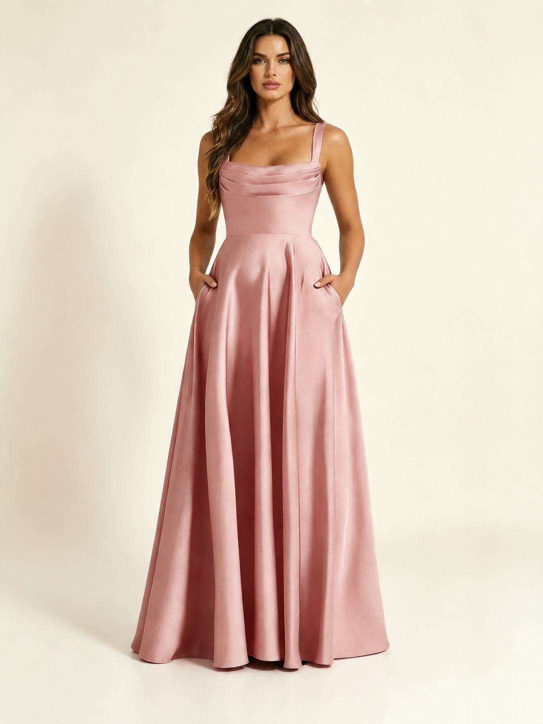 Satin Draped Cowl Square Neck A-Line Maxi Bridesmaid Dress
