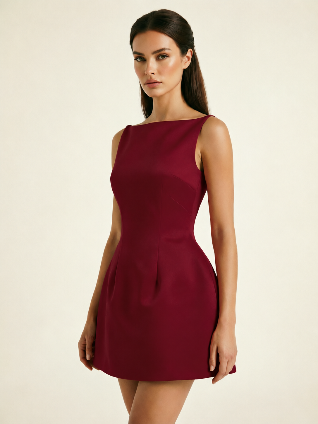 Satin Boat Neck Open Back Fit & Flare Mini Dress