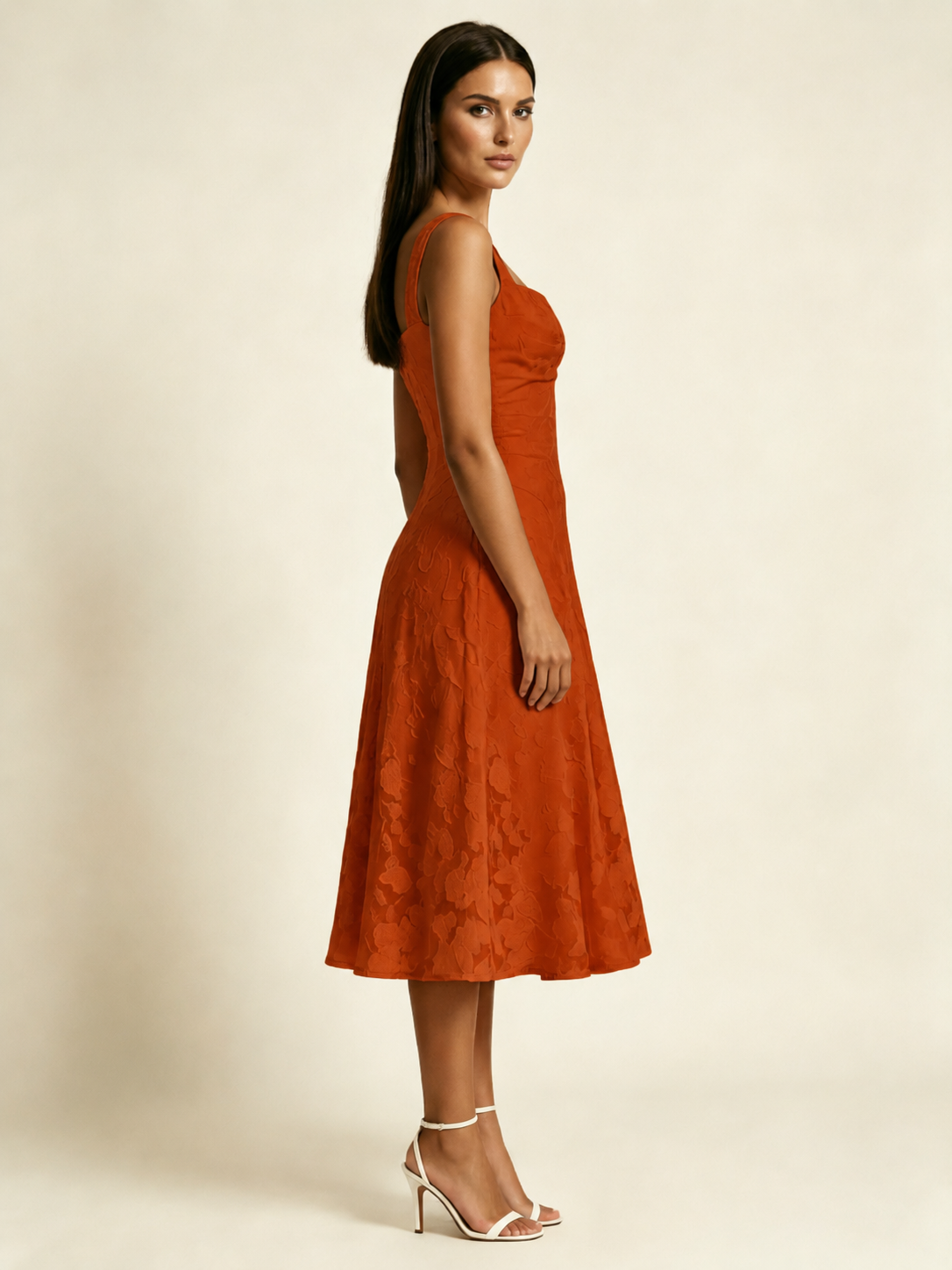 3D Floral Jacquard Square Neck Midi Dress