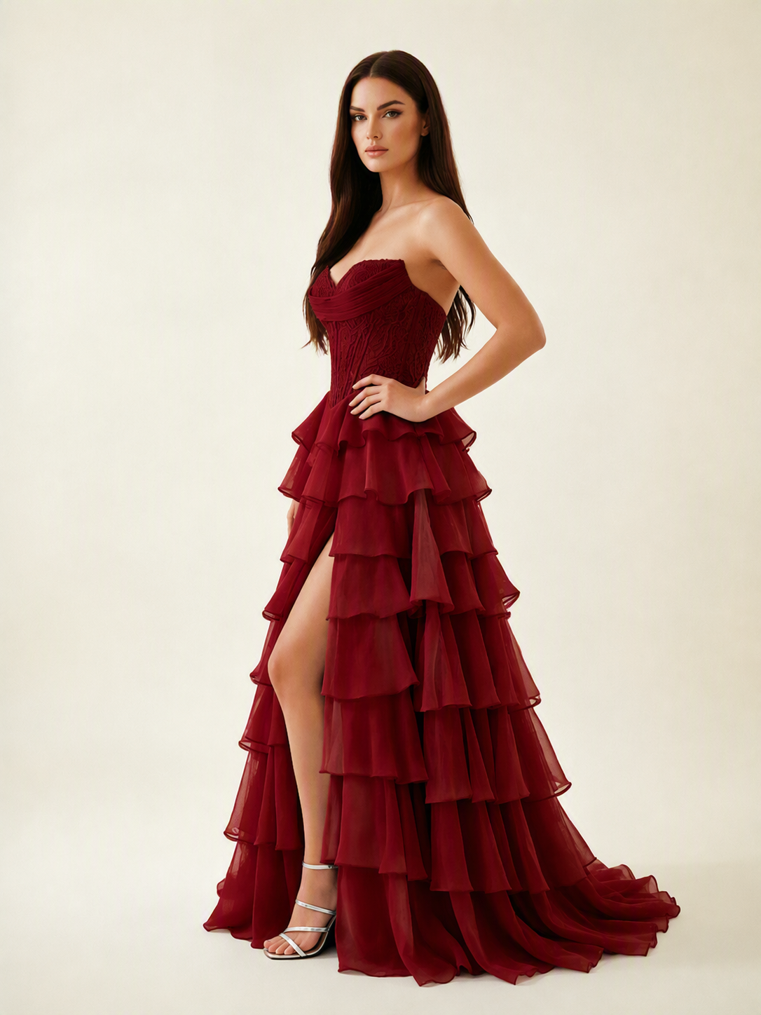 Strapless Lace Corset Tiered High Slit Prom Dress