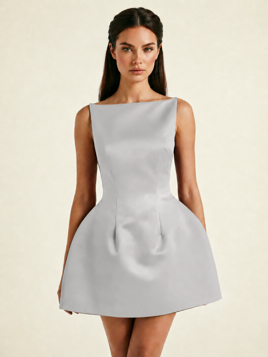 Satin Boat Neck Open Back Fit & Flare Mini Dress