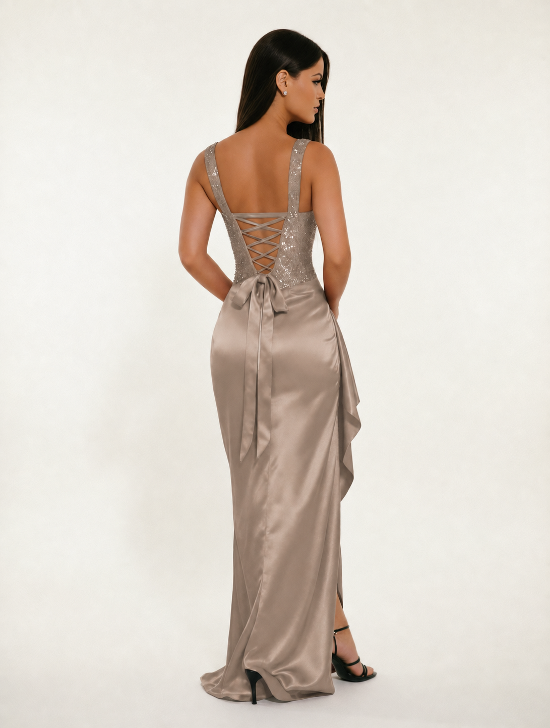 Sequin Corset Satin High Slit Formal Maxi Dress