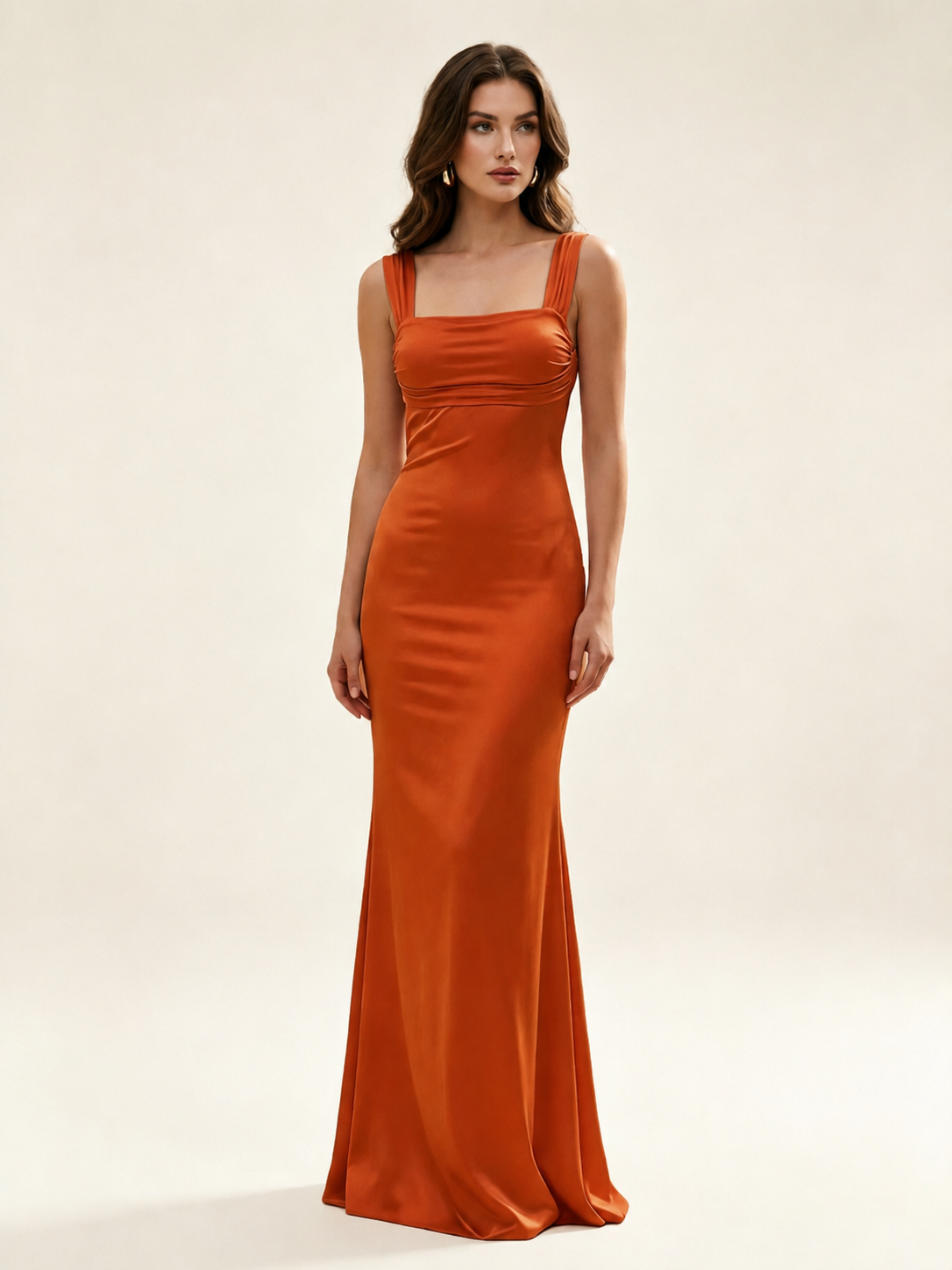 Satin Mermaid Bridesmaid Maxi Dress, Wide Strap Square Neck Cross Lace-Up Open Back