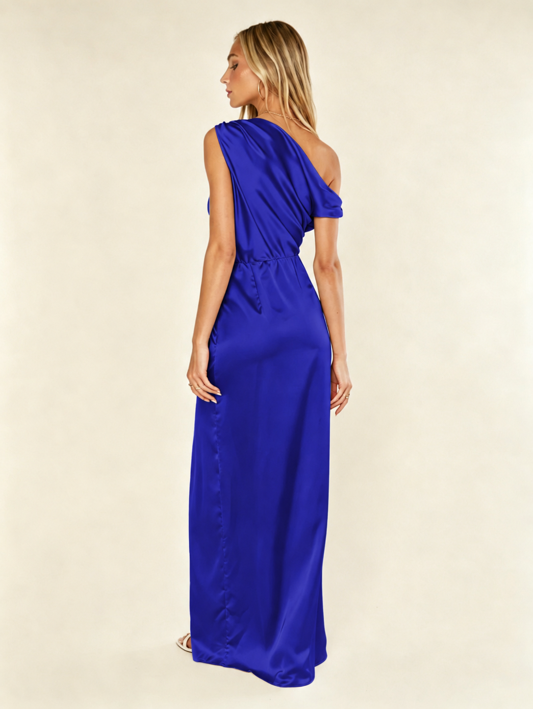 Satin One Shoulder Maxi Dress Asymmetric Draped High Slit Bridesmaid Dress