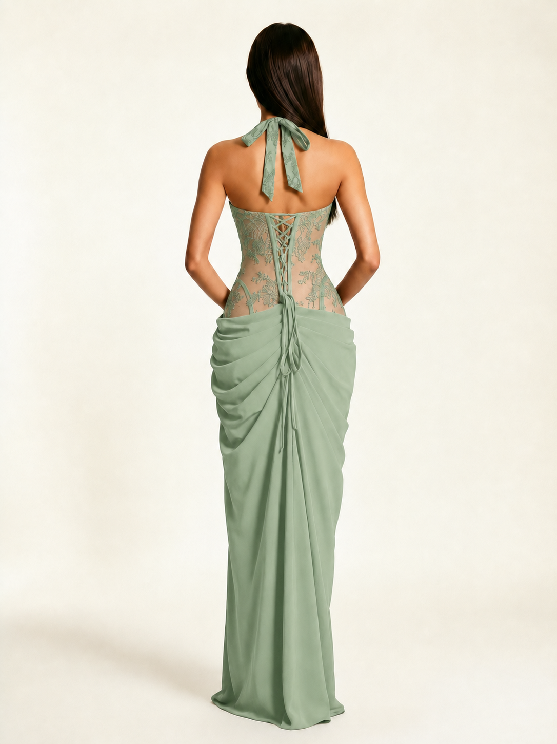 Lace Corset Halter High Slit Formal Dress