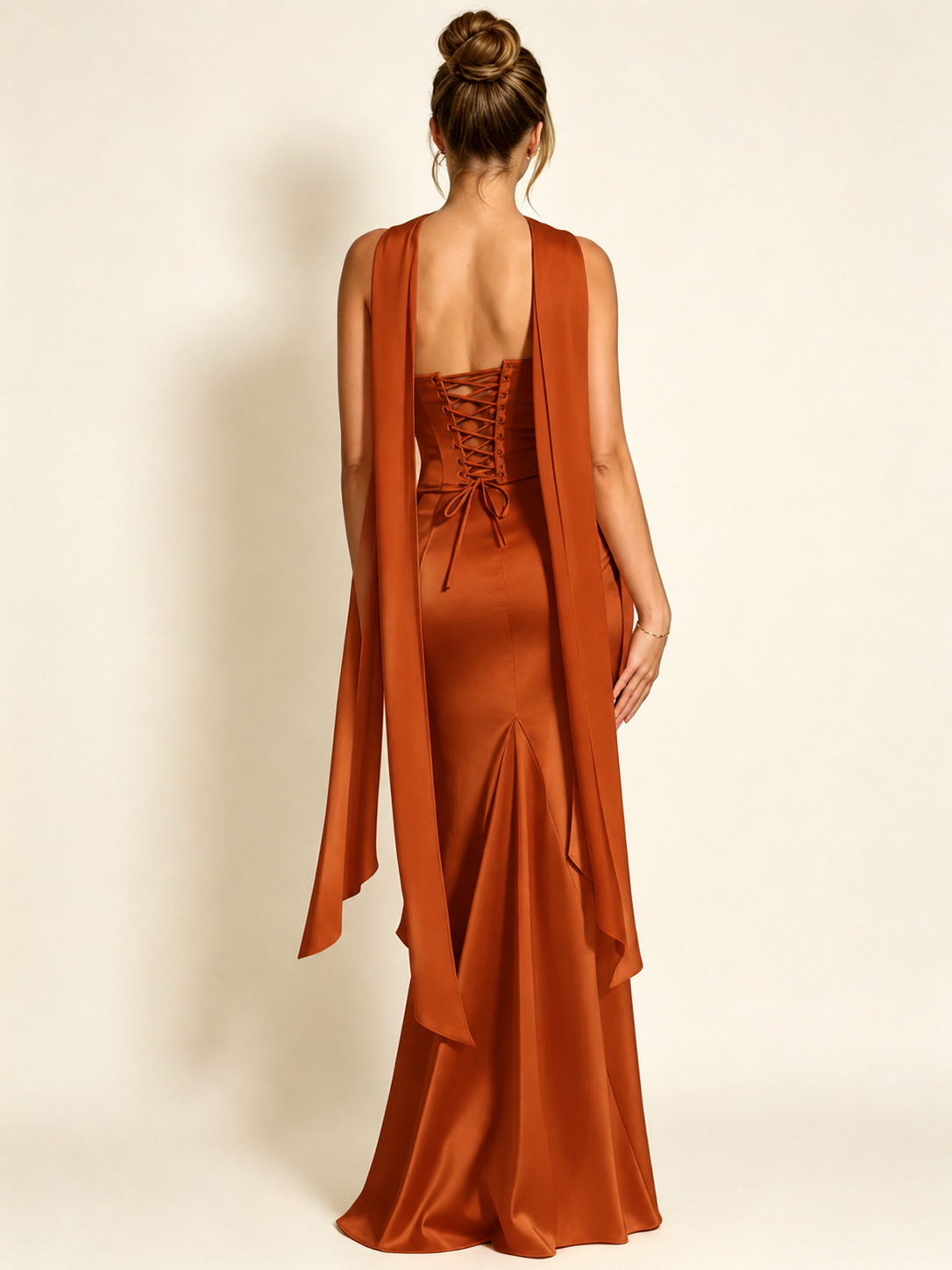 Satin Cowl Neck Mermaid Evening Dress with Corset Bodice and Draped Straps