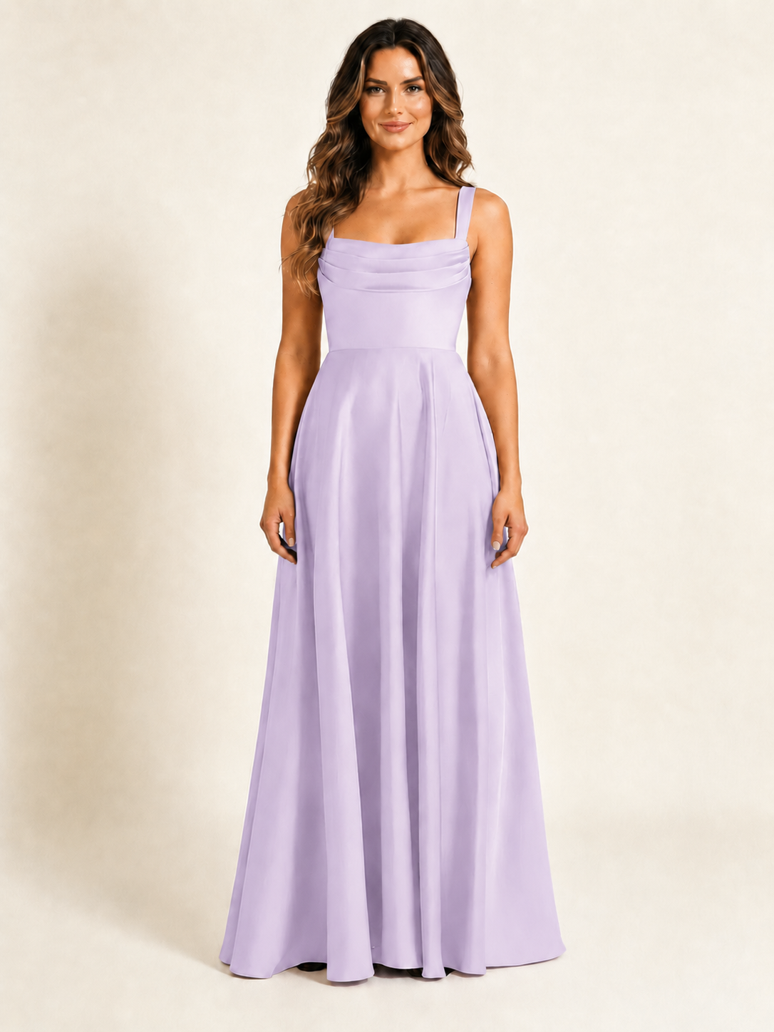 Satin Draped Cowl Square Neck A-Line Maxi Bridesmaid Dress