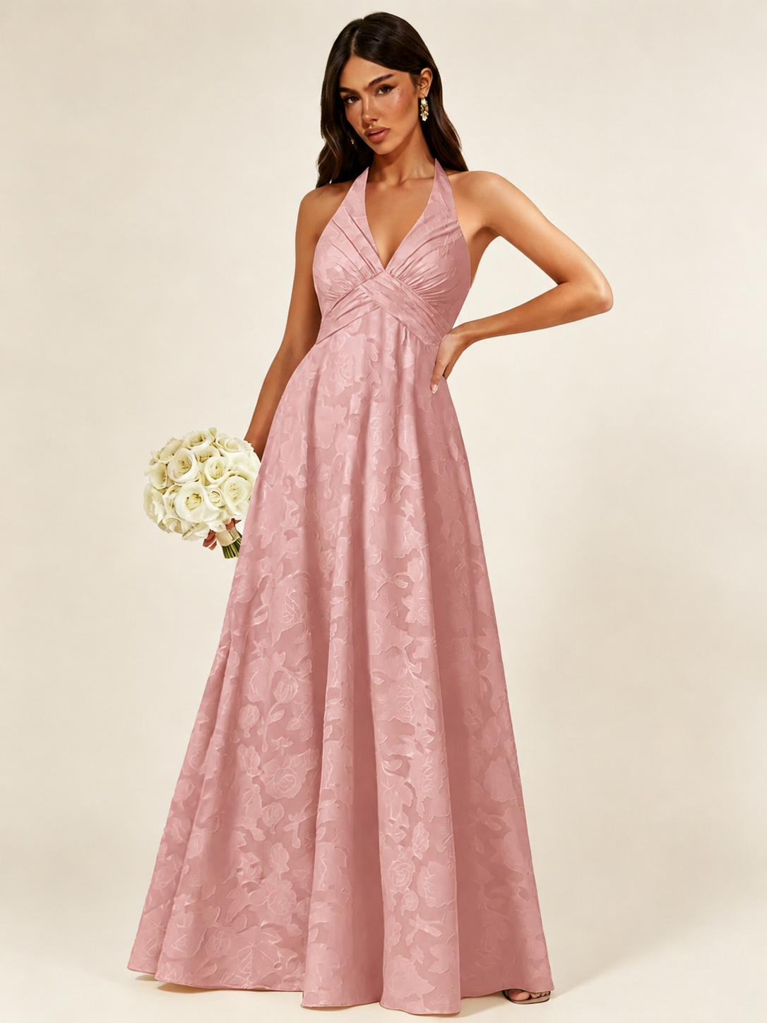 Floral Jacquard Halter Deep V A-Line Maxi Dress Backless Lace-Up Corset Bridesmaid Dress