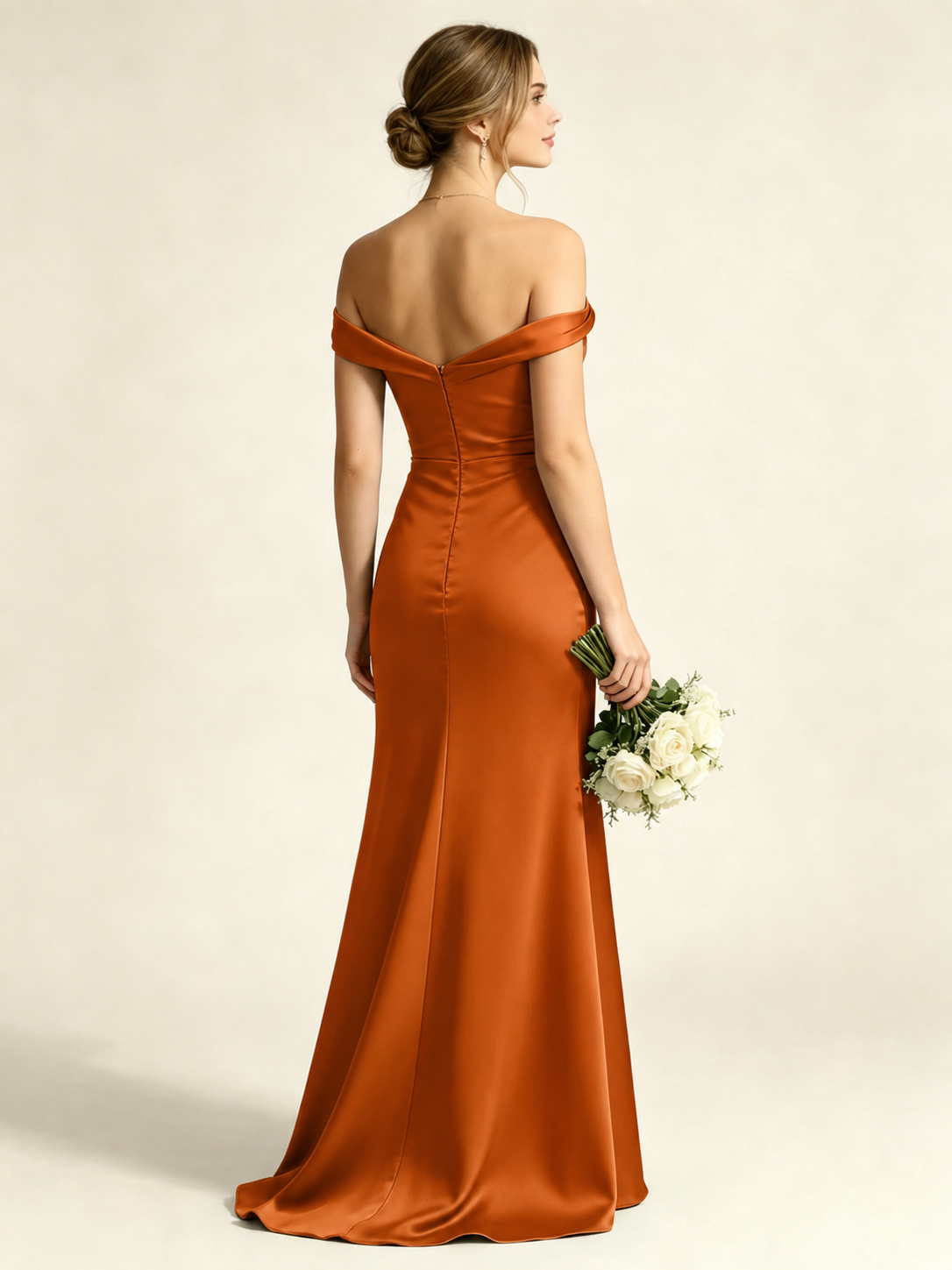 Satin Mermaid Bridesmaid Maxi Dress, Asymmetrical Off Shoulder Ruched Waist Open Back