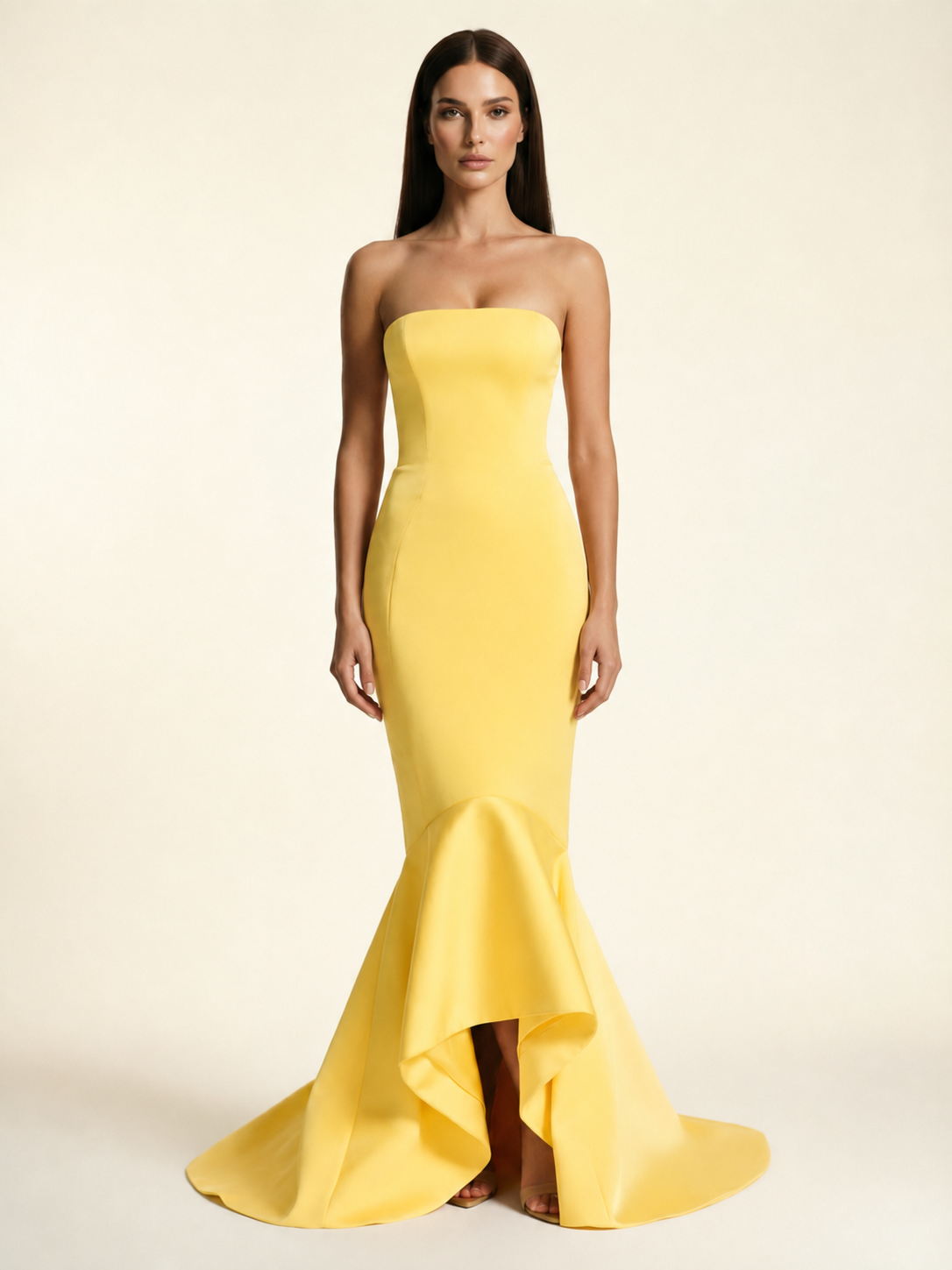 Strapless Satin Mermaid Dress With Ruffled Train & Lace-Up Back