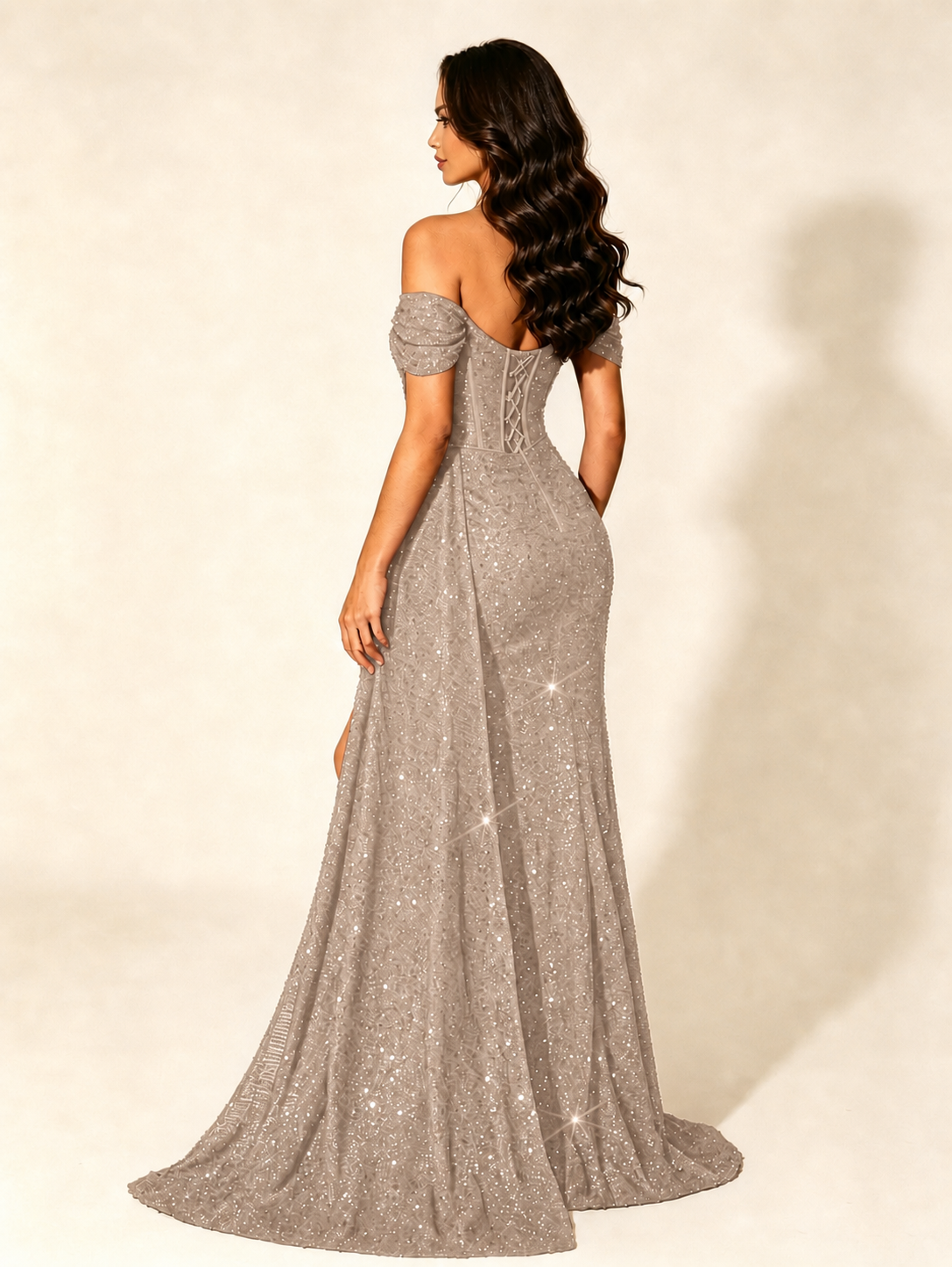 Off Shoulder Sequin High Slit Dress with Train
