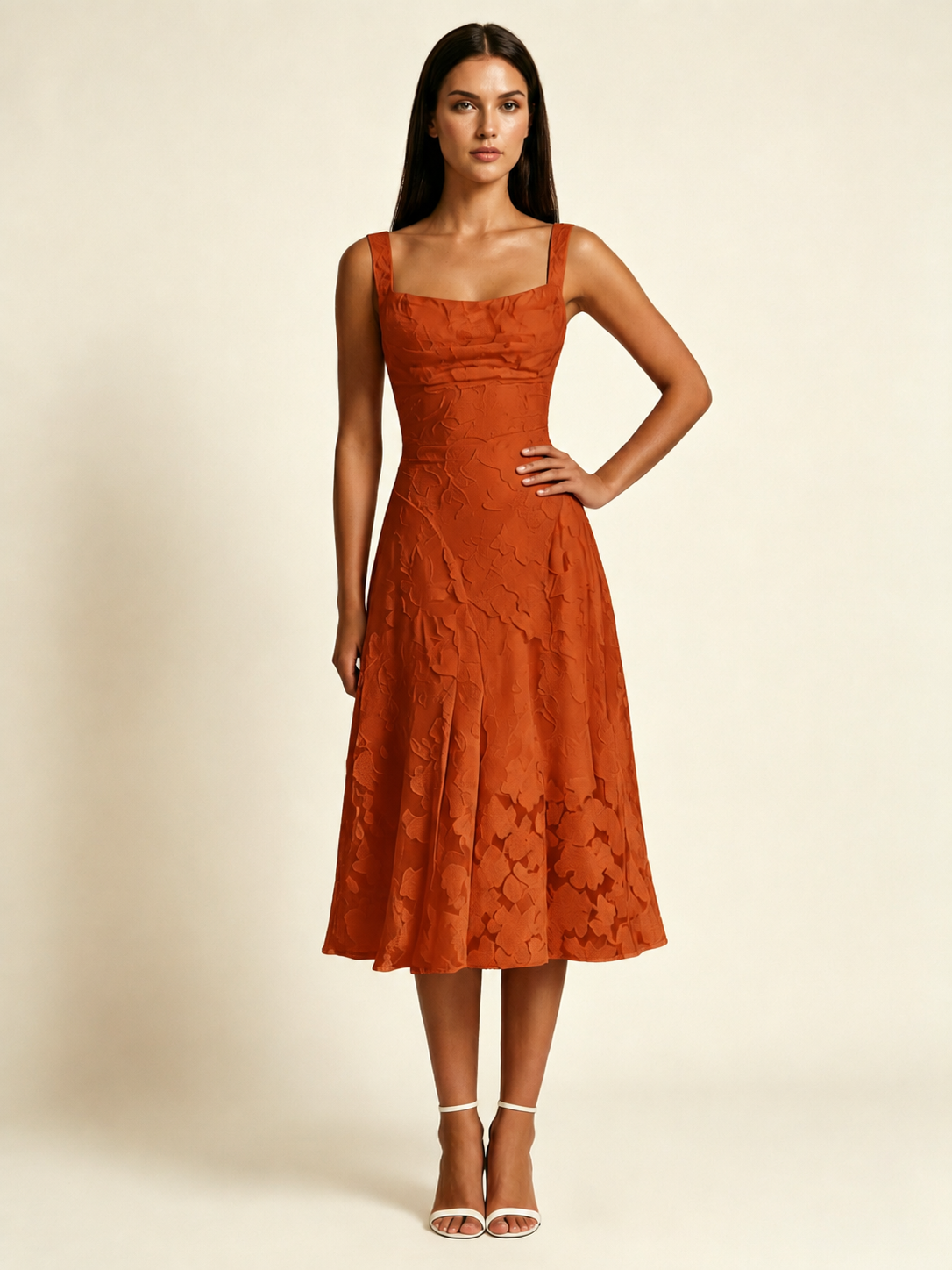 3D Floral Jacquard Square Neck Midi Dress