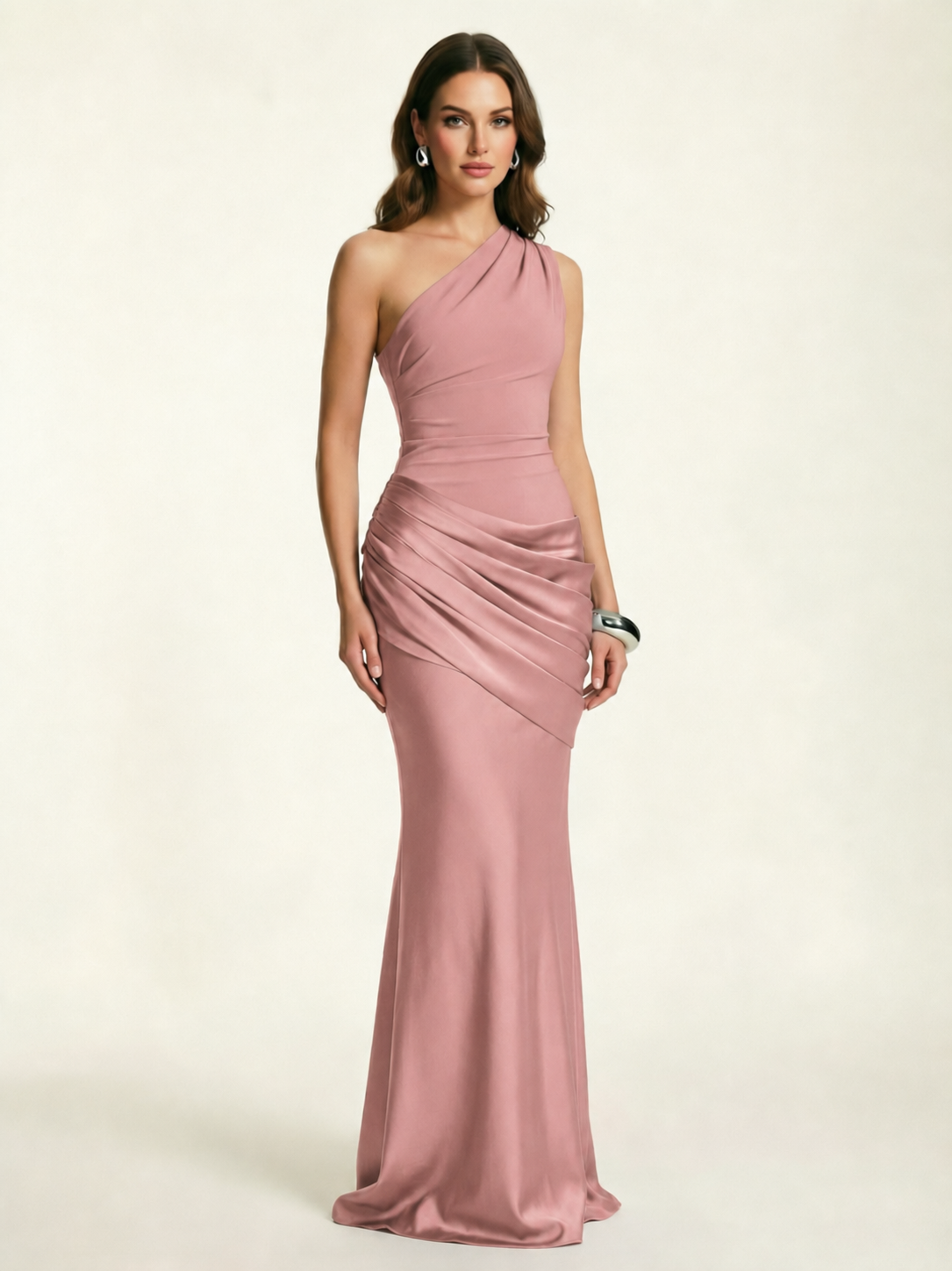 Single-shoulder satin floor-length evening dress