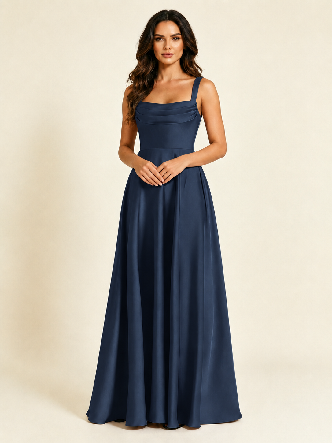 Satin Draped Cowl Square Neck A-Line Maxi Bridesmaid Dress