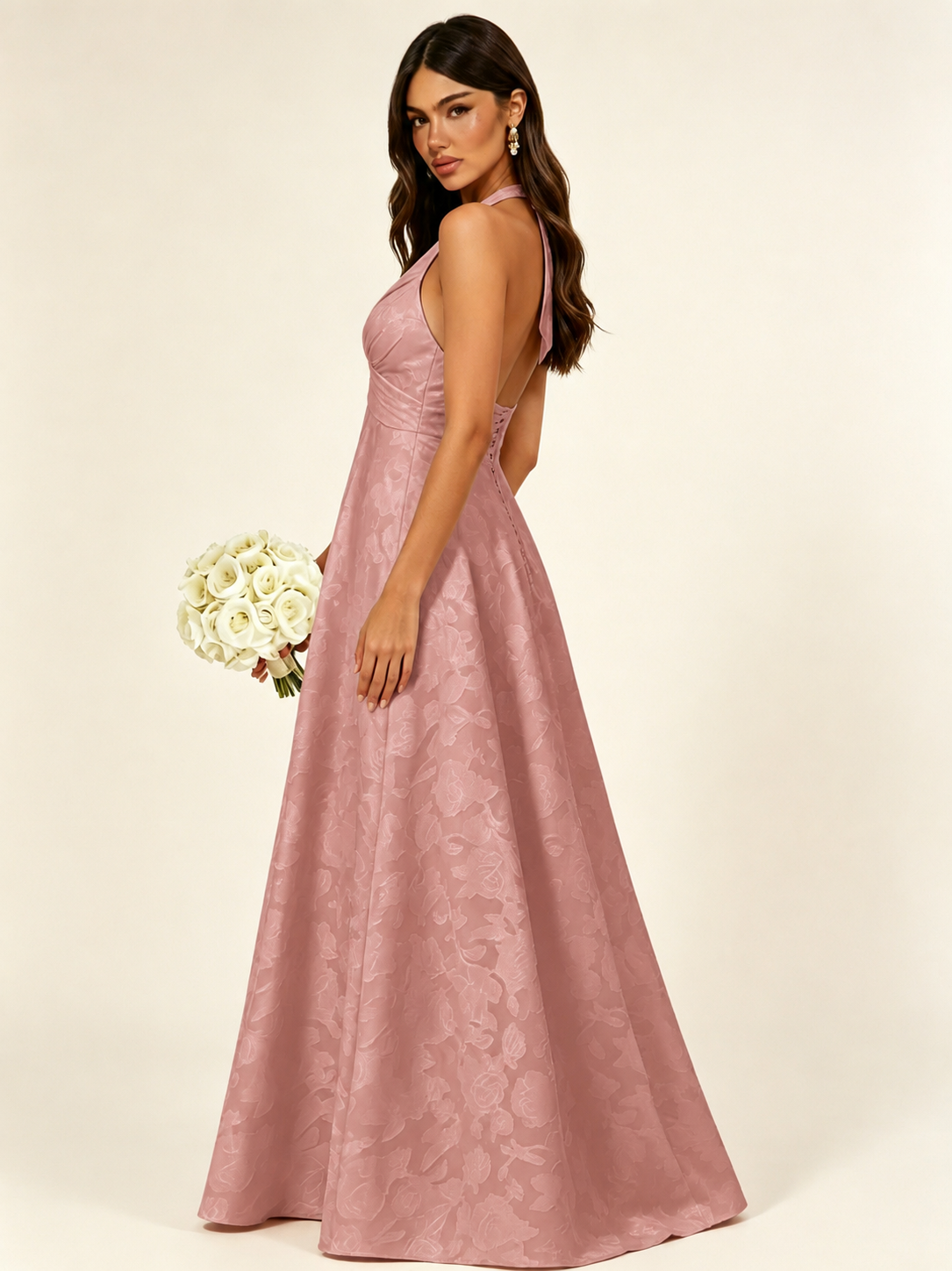 Floral Jacquard Halter Deep V A-Line Maxi Dress Backless Lace-Up Corset Bridesmaid Dress