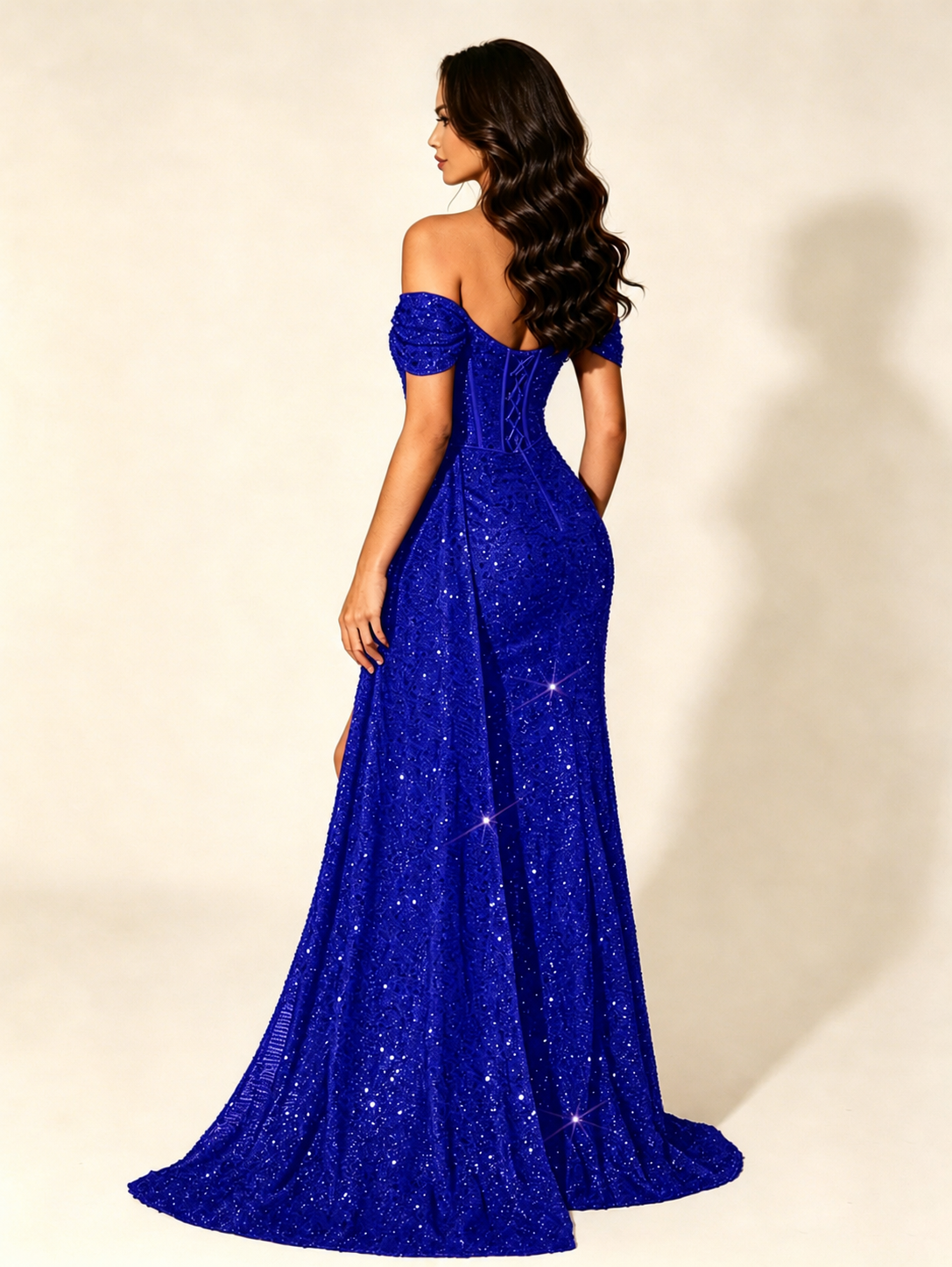 Off Shoulder Sequin High Slit Dress with Train