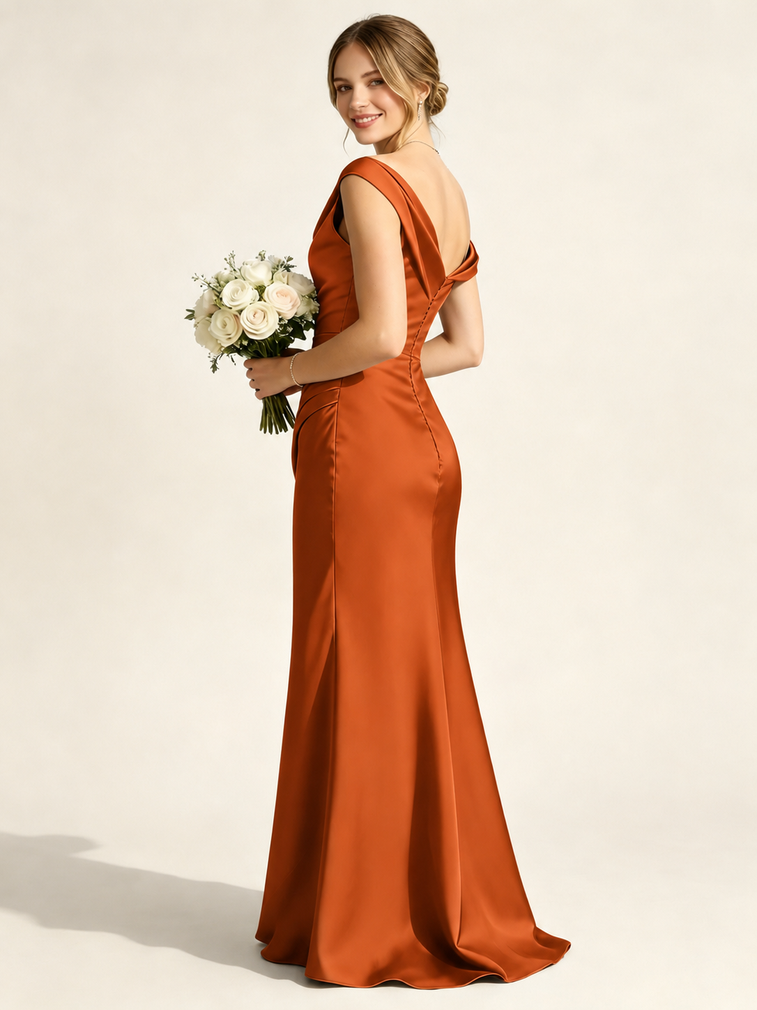 Satin Mermaid Bridesmaid Maxi Dress, Asymmetrical Off Shoulder Ruched Waist Open Back