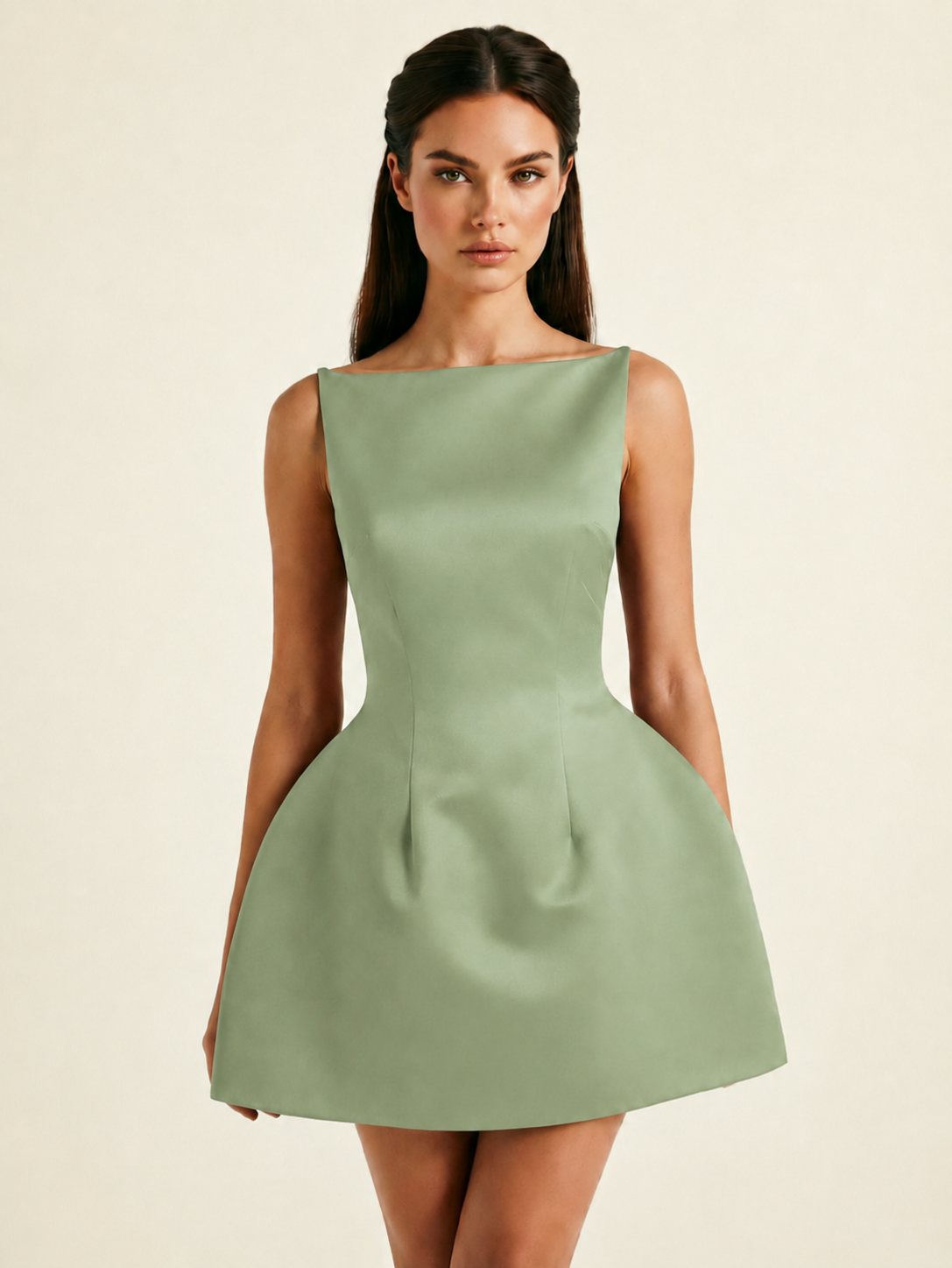 Satin Boat Neck Open Back Fit & Flare Mini Dress