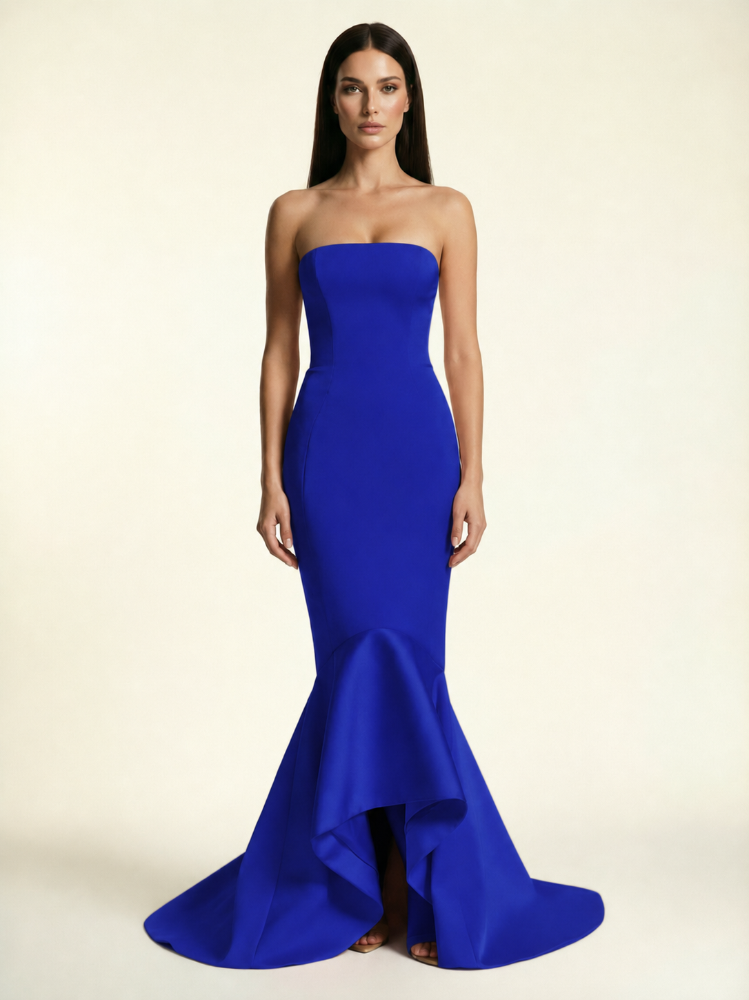 Strapless Satin Mermaid Dress With Ruffled Train & Lace-Up Back