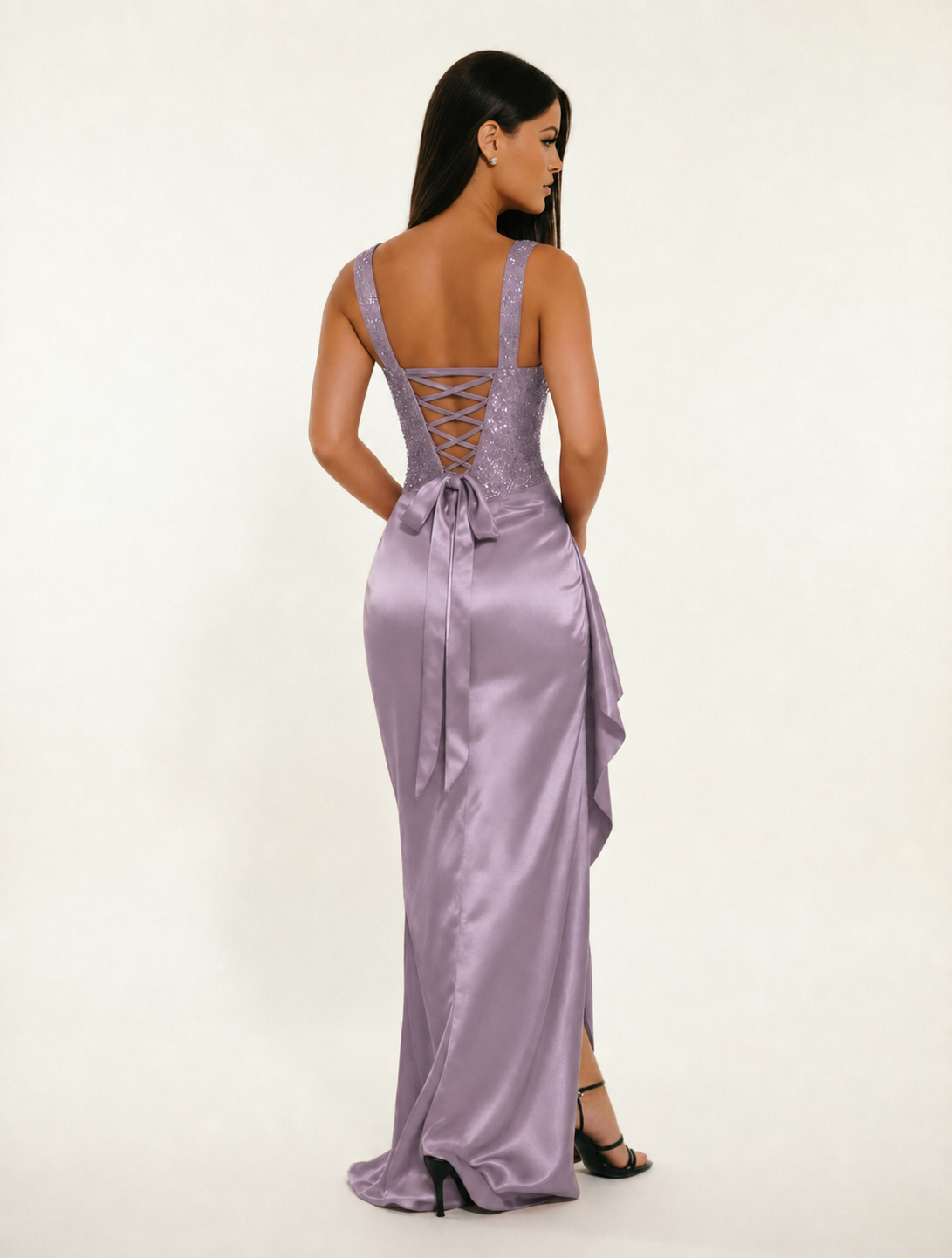 Sequin Corset Satin High Slit Formal Maxi Dress