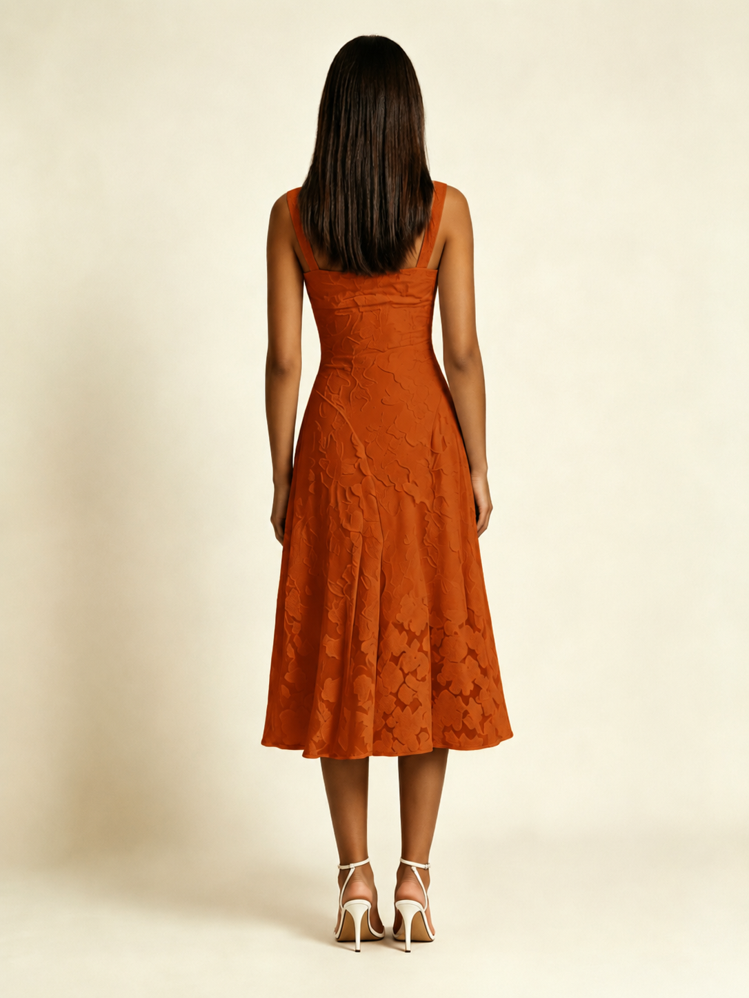 3D Floral Jacquard Square Neck Midi Dress