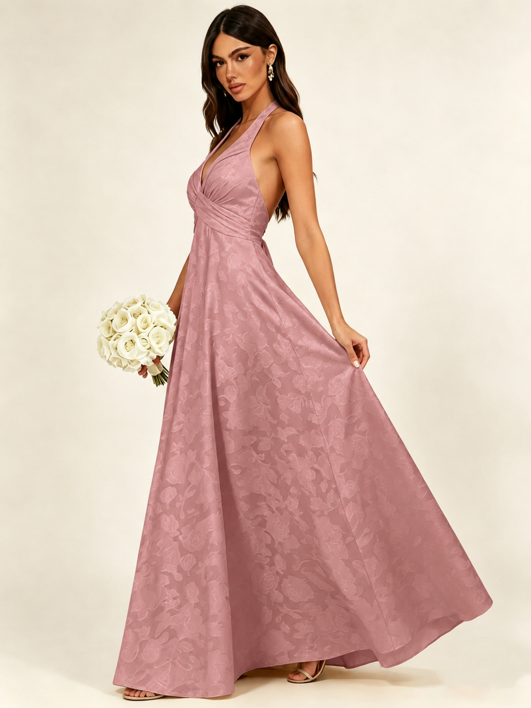 Floral Jacquard Halter Deep V A-Line Maxi Dress Backless Lace-Up Corset Bridesmaid Dress