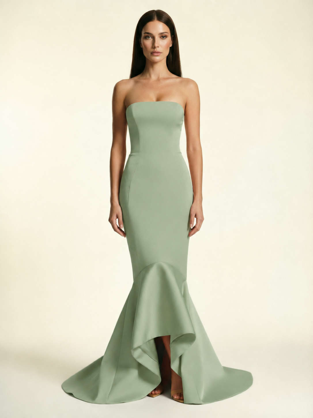 Strapless Satin Mermaid Dress With Ruffled Train & Lace-Up Back