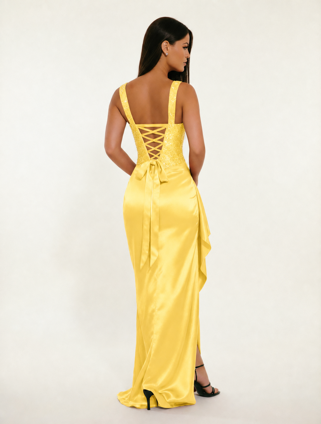 Sequin Corset Satin High Slit Formal Maxi Dress