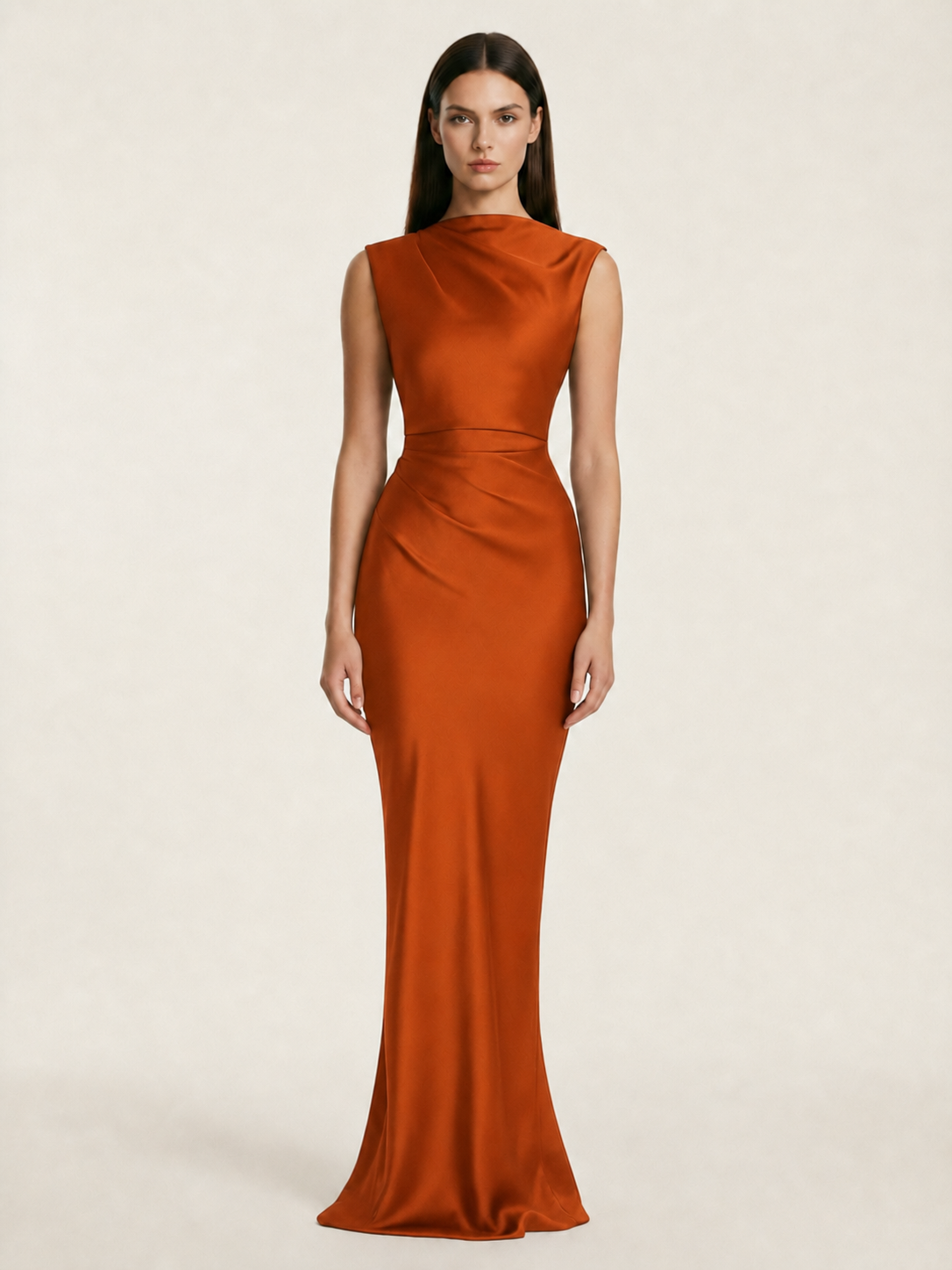 Sleeveless Draped Satin Mermaid Cutout Back Formal Dress