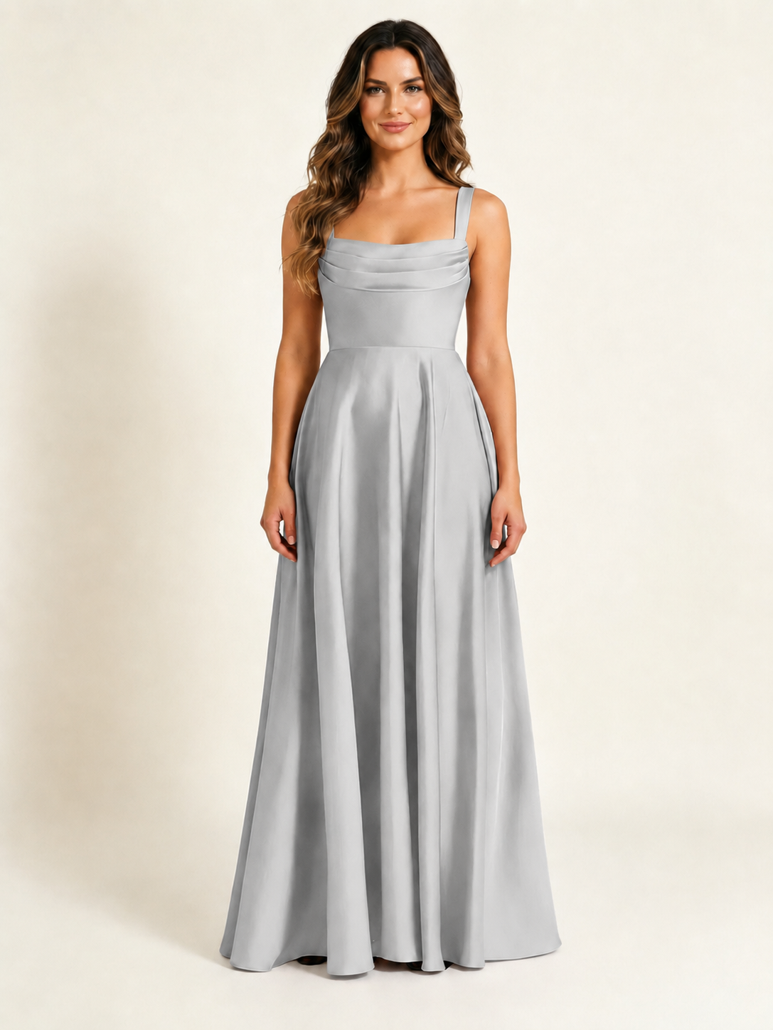 Satin Draped Cowl Square Neck A-Line Maxi Bridesmaid Dress