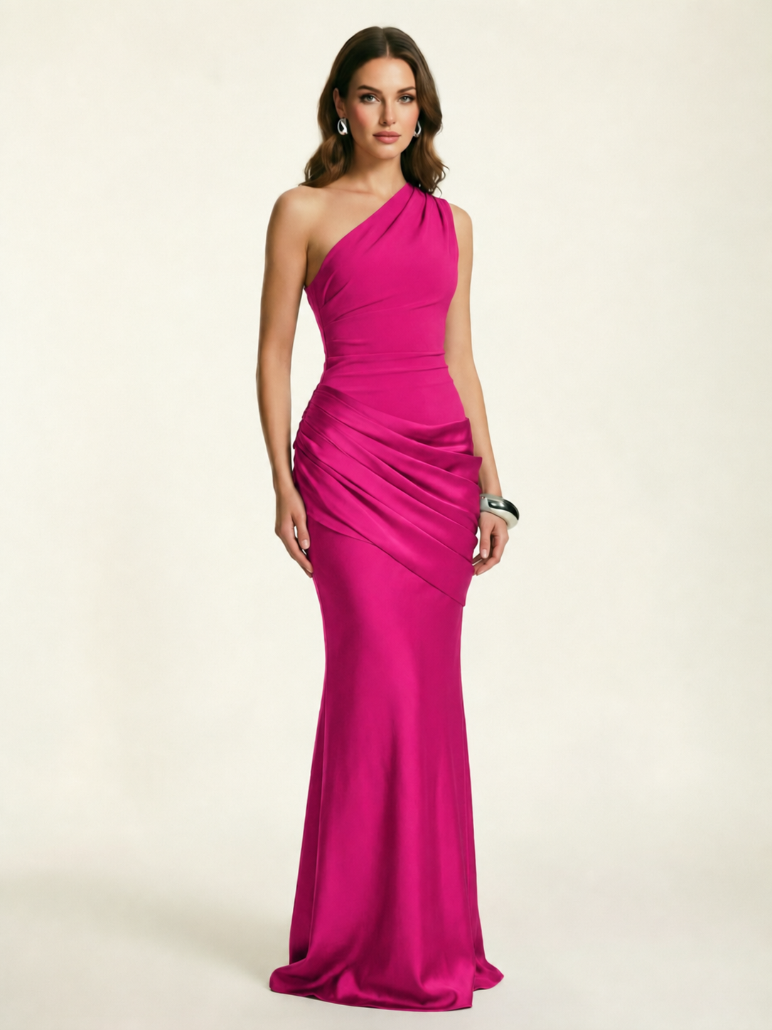 Single-shoulder satin floor-length evening dress