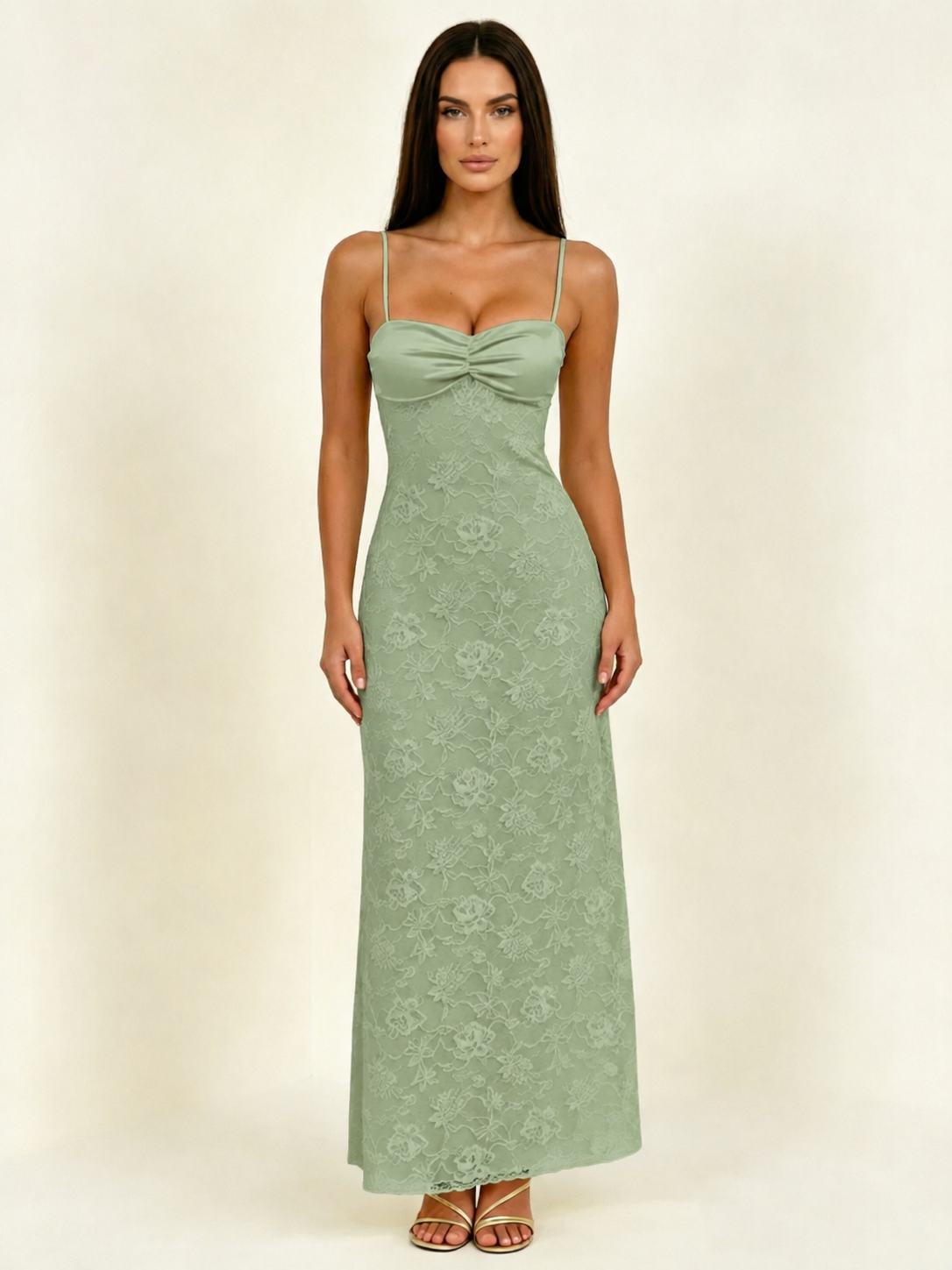 Satin Bust Lace Midi Maxi Dress, Spaghetti Strap Cross Lace Up Back Bridesmaid Dress