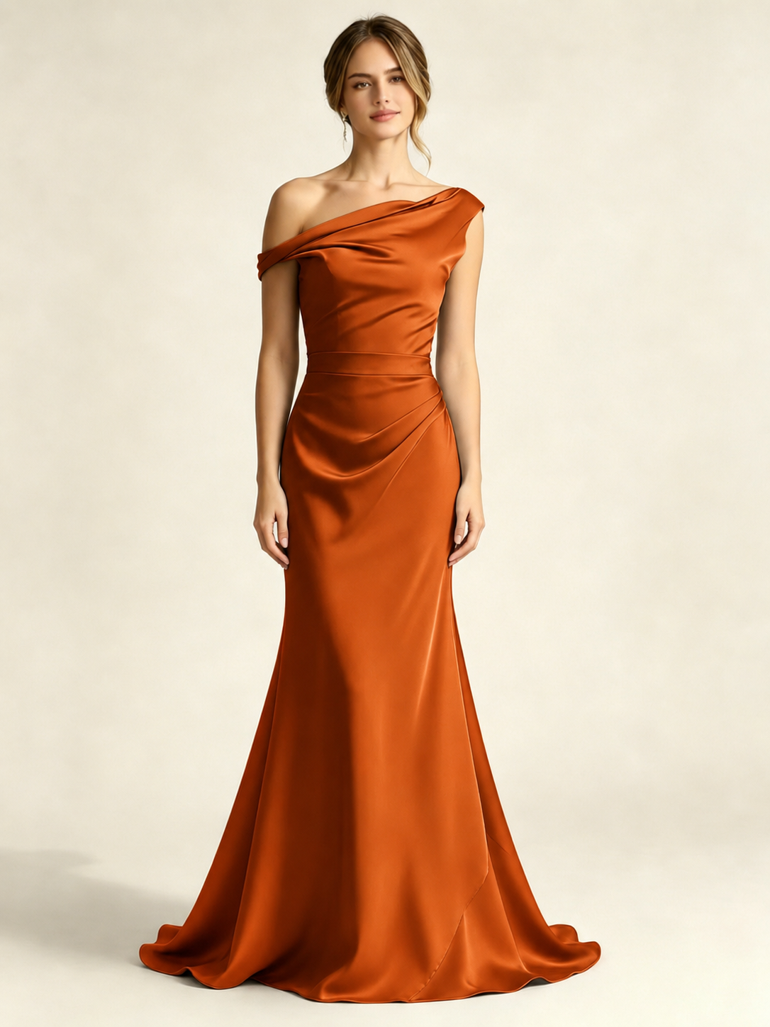 Satin Mermaid Bridesmaid Maxi Dress, Asymmetrical Off Shoulder Ruched Waist Open Back