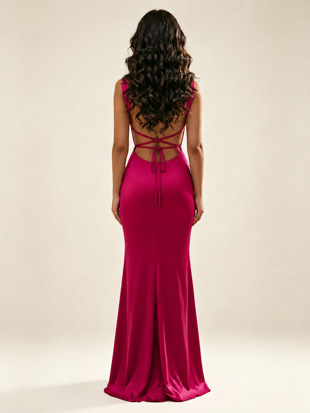 Satin Mermaid Bridesmaid Maxi Dress, Wide Strap Square Neck Cross Lace-Up Open Back