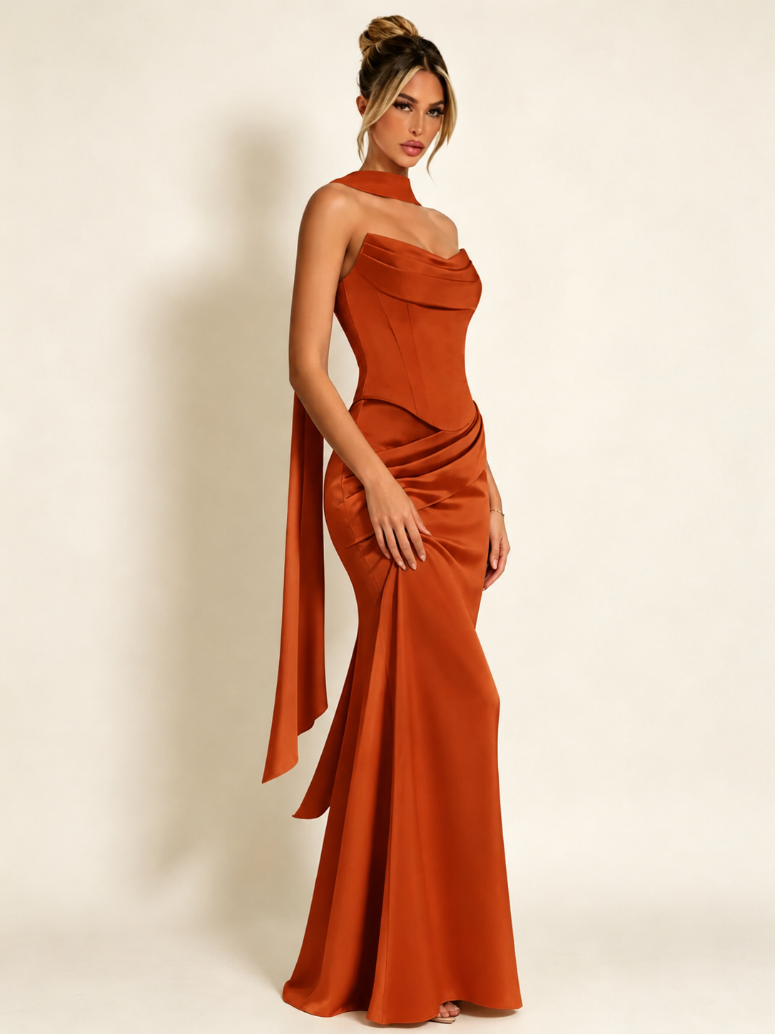 Satin Cowl Neck Mermaid Evening Dress with Corset Bodice and Draped Straps