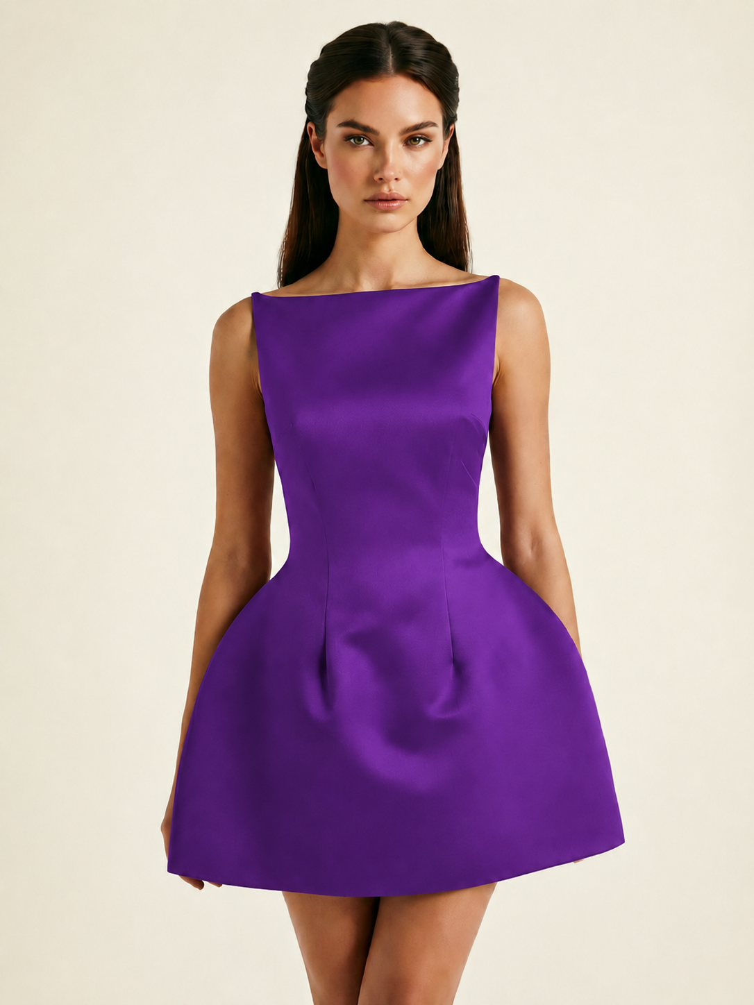 Satin Boat Neck Open Back Fit & Flare Mini Dress