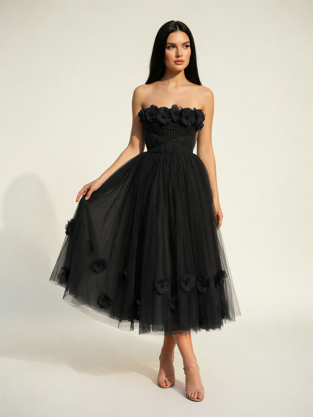 Strapless Tulle Midi Dress with 3D Floral Appliqués, Lace-Up Corset Back
