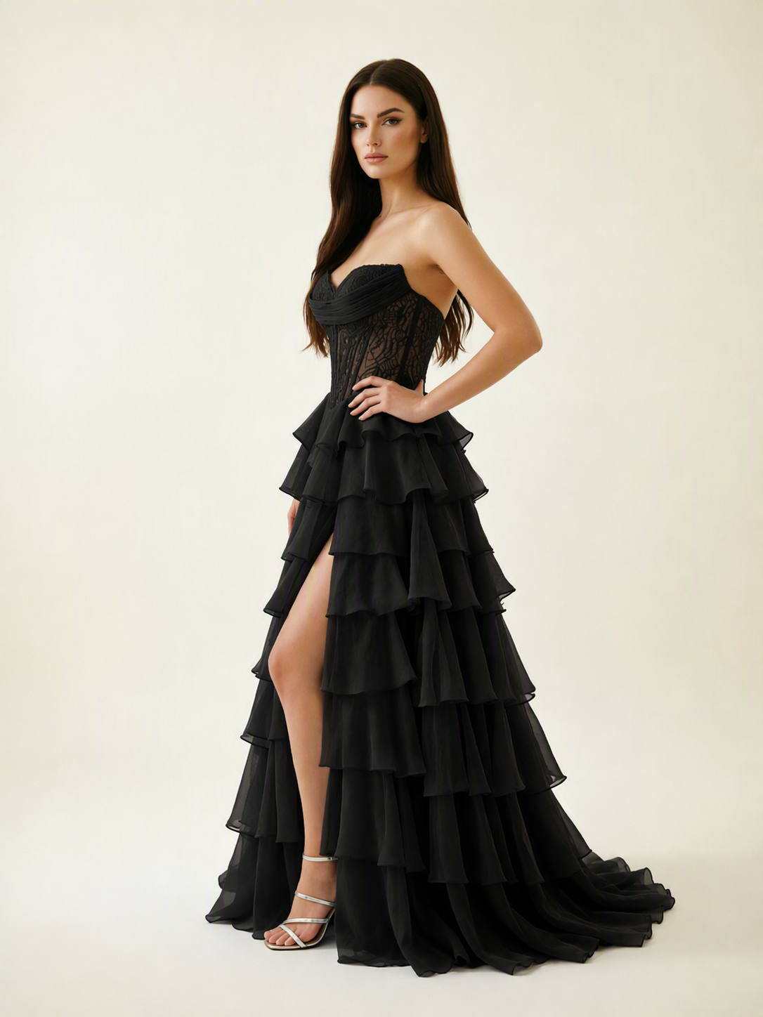 Strapless Lace Corset Tiered High Slit Prom Dress