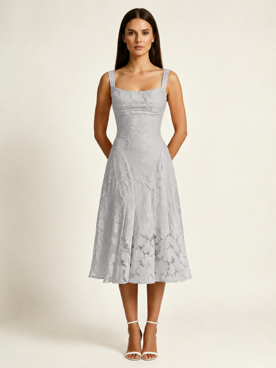 3D Floral Jacquard Square Neck Midi Dress