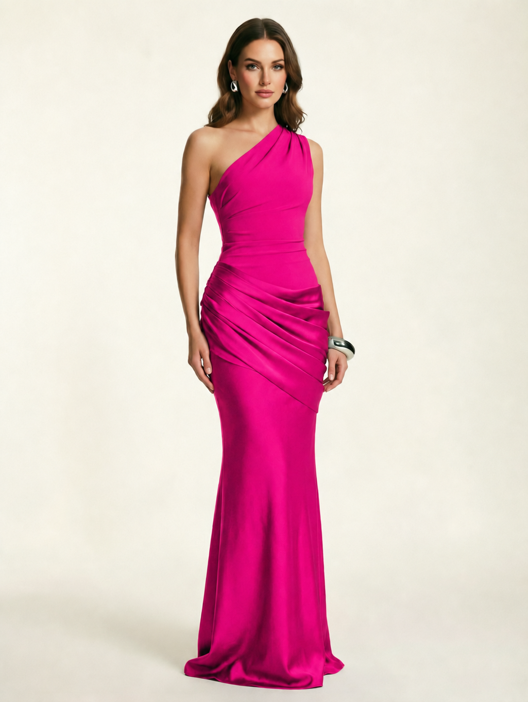 Single-shoulder satin floor-length evening dress