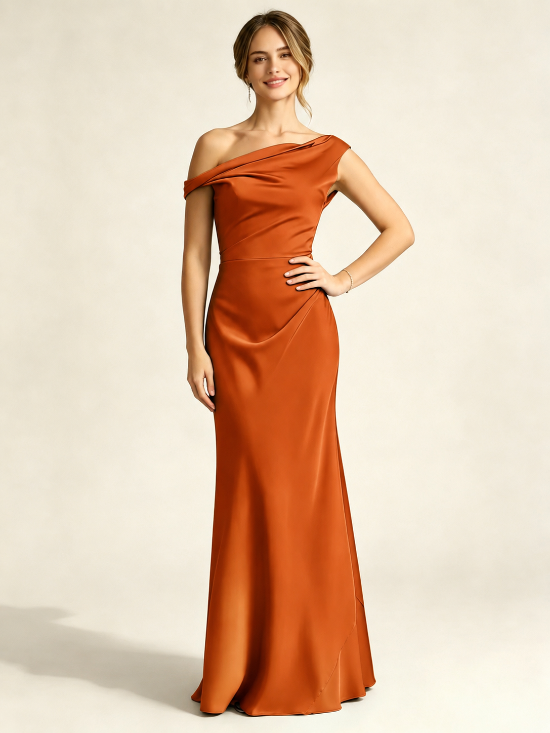 Satin Mermaid Bridesmaid Maxi Dress, Asymmetrical Off Shoulder Ruched Waist Open Back