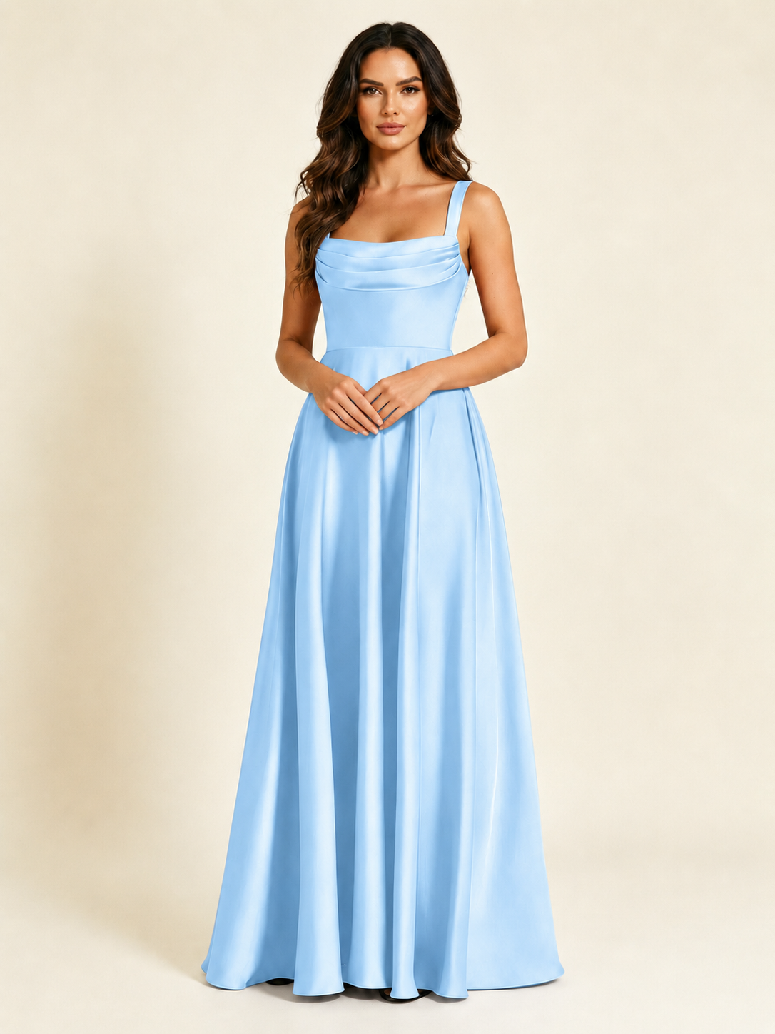 Satin Draped Cowl Square Neck A-Line Maxi Bridesmaid Dress