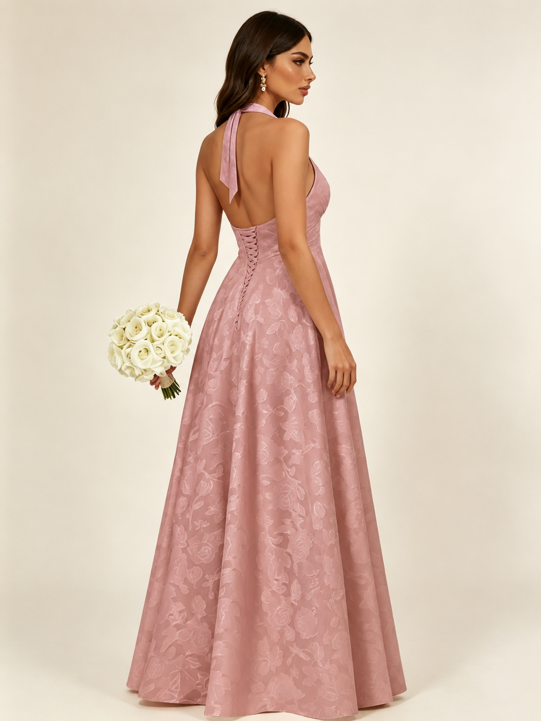 Floral Jacquard Halter Deep V A-Line Maxi Dress Backless Lace-Up Corset Bridesmaid Dress
