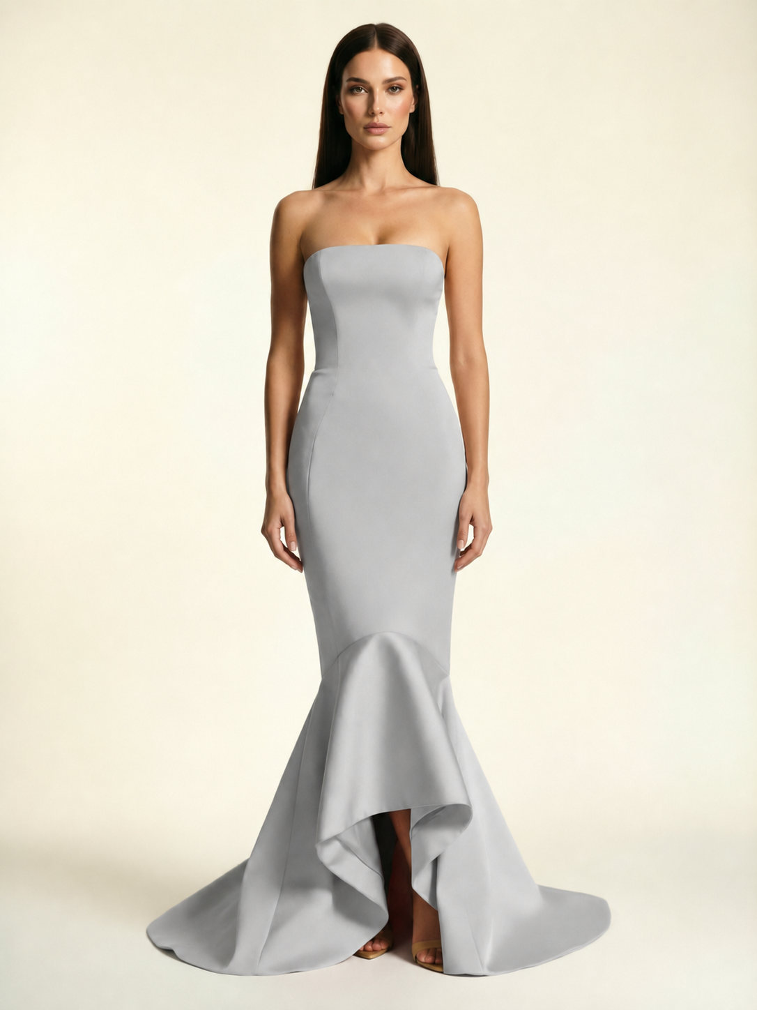 Strapless Satin Mermaid Dress With Ruffled Train & Lace-Up Back