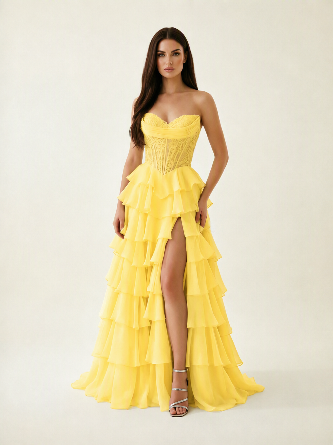 Strapless Lace Corset Tiered High Slit Prom Dress