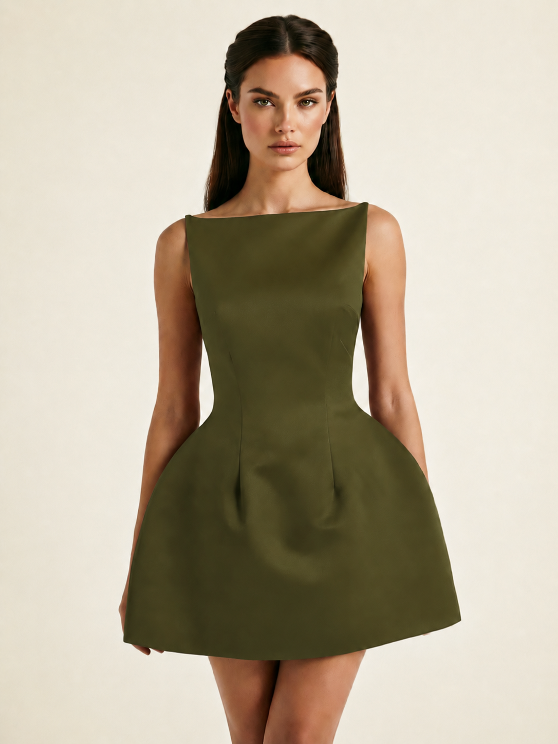 Satin Boat Neck Open Back Fit & Flare Mini Dress