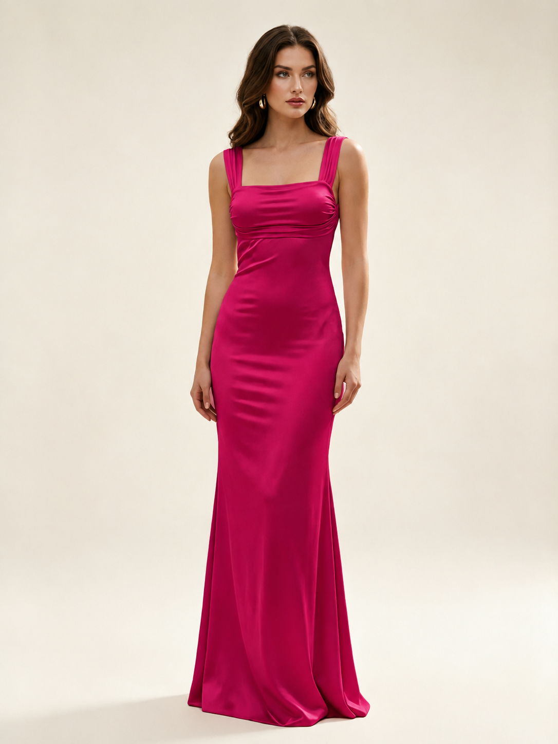 Satin Mermaid Bridesmaid Maxi Dress, Wide Strap Square Neck Cross Lace-Up Open Back