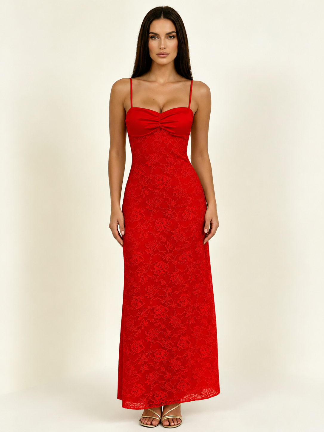 Satin Bust Lace Midi Maxi Dress, Spaghetti Strap Cross Lace Up Back Bridesmaid Dress