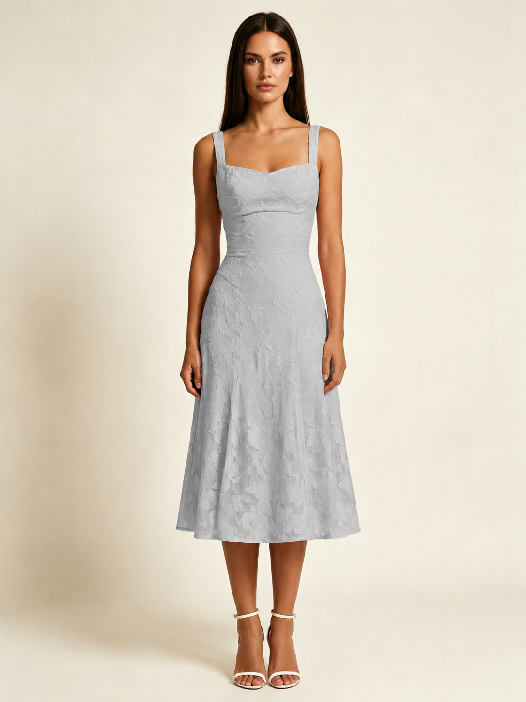 3D Floral Jacquard Square Neck Midi Dress