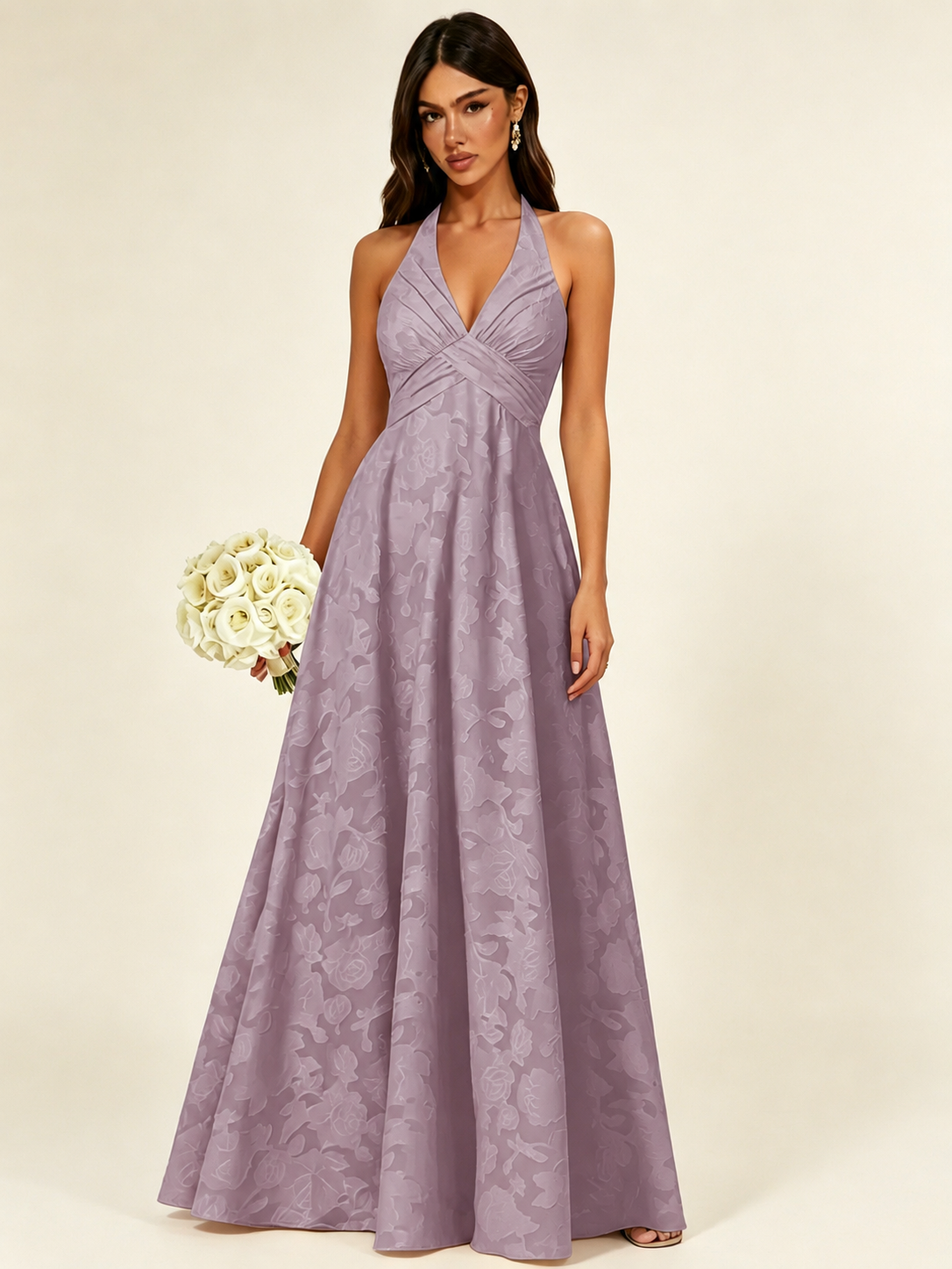 Floral Jacquard Halter Deep V A-Line Maxi Dress Backless Lace-Up Corset Bridesmaid Dress